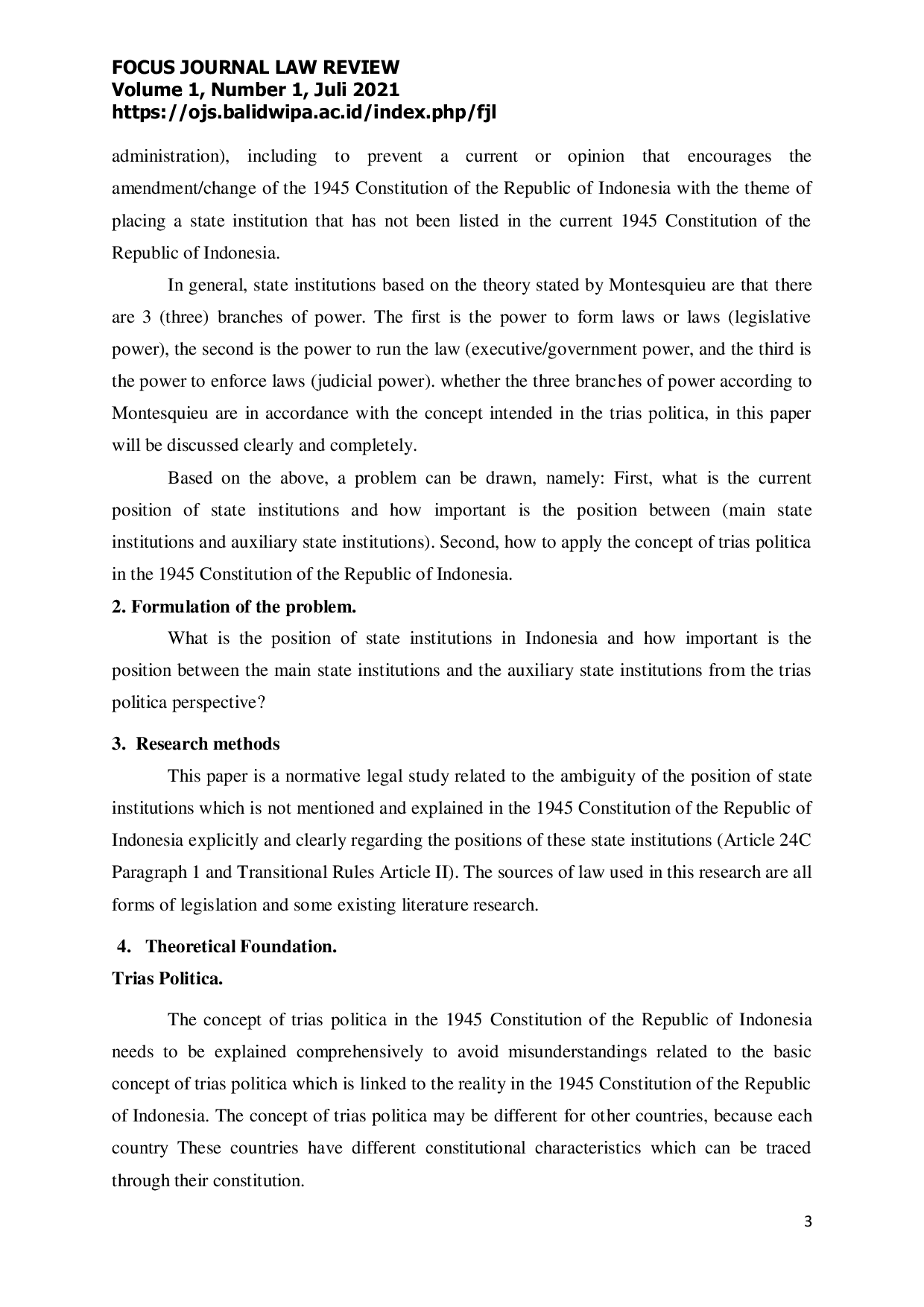 JURIS The Position of State Institutions Main Supporting Against the Trias Politica Concept Based on the Indonesian State Administration System