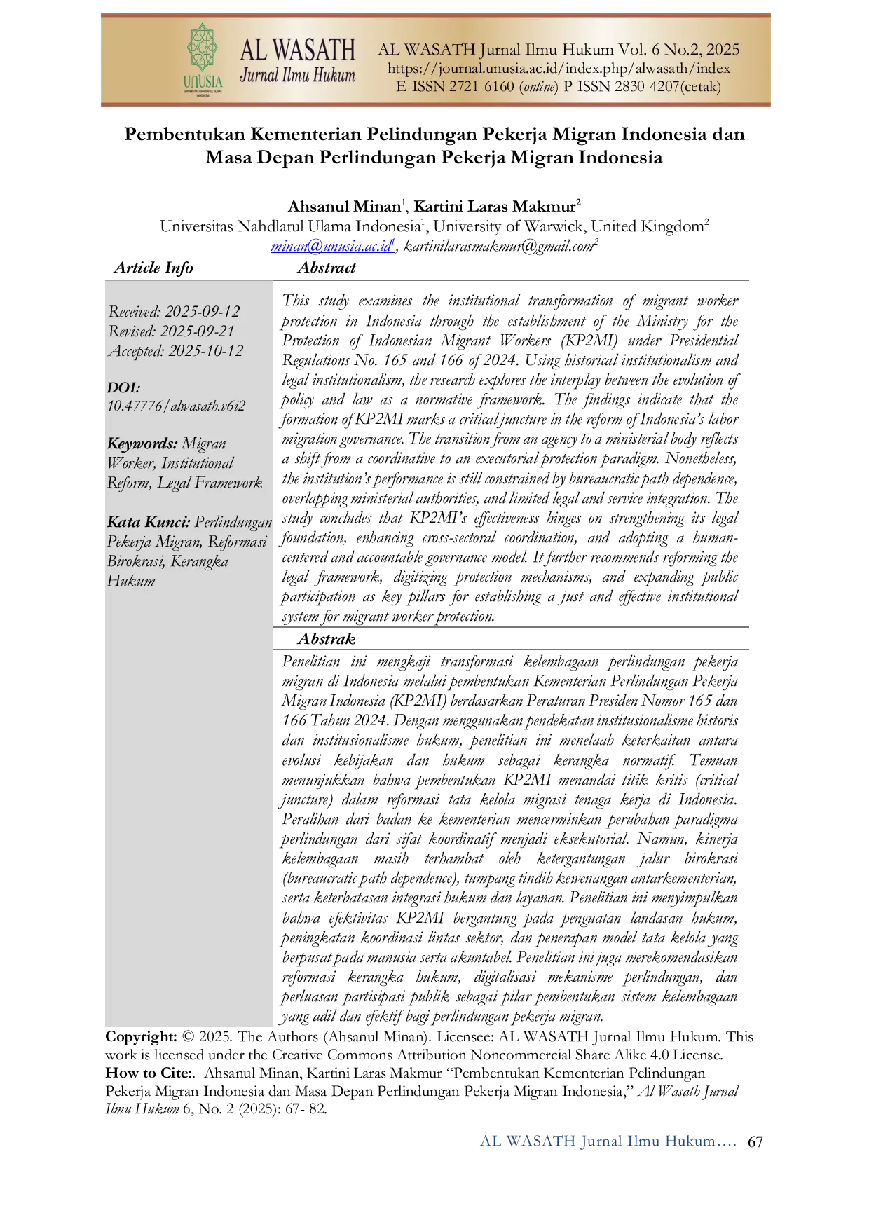 JURIS Pembentukan Kementerian Pelindungan Pekerja Migran Indonesia dan Masa Depan Perlindungan Pekerja Migran Indonesia