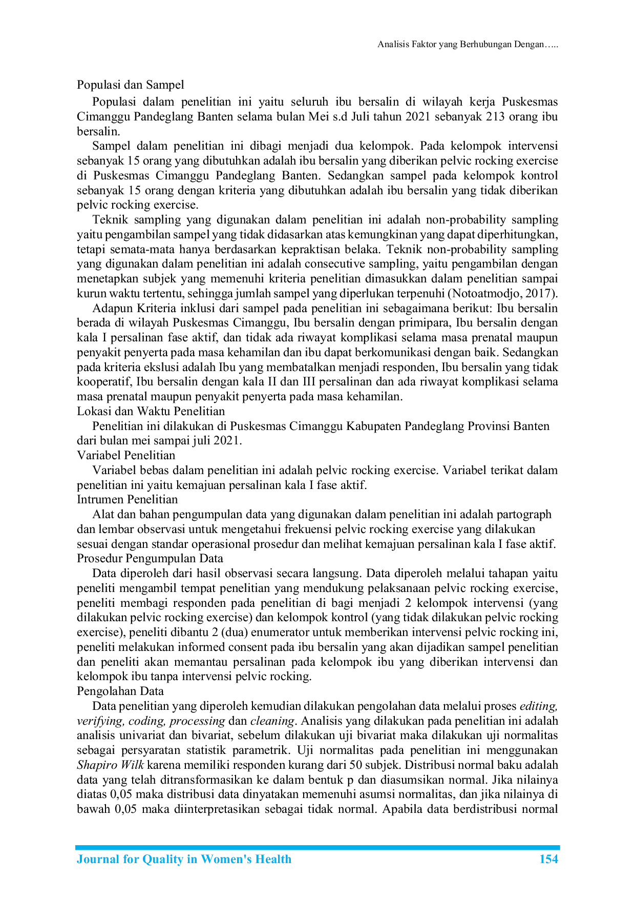 JURIS Pengaruh Pelvic Rocking Exercise Terhadap Kemajuan Persalinan Kala I Fase Aktif Di UPT Puskesmas Cimanggu Pandeglang Banten