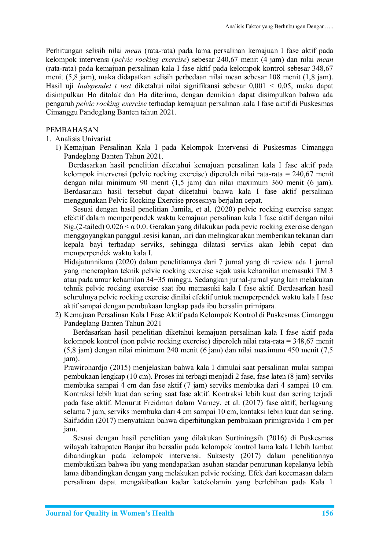 JURIS Pengaruh Pelvic Rocking Exercise Terhadap Kemajuan Persalinan Kala I Fase Aktif Di UPT Puskesmas Cimanggu Pandeglang Banten