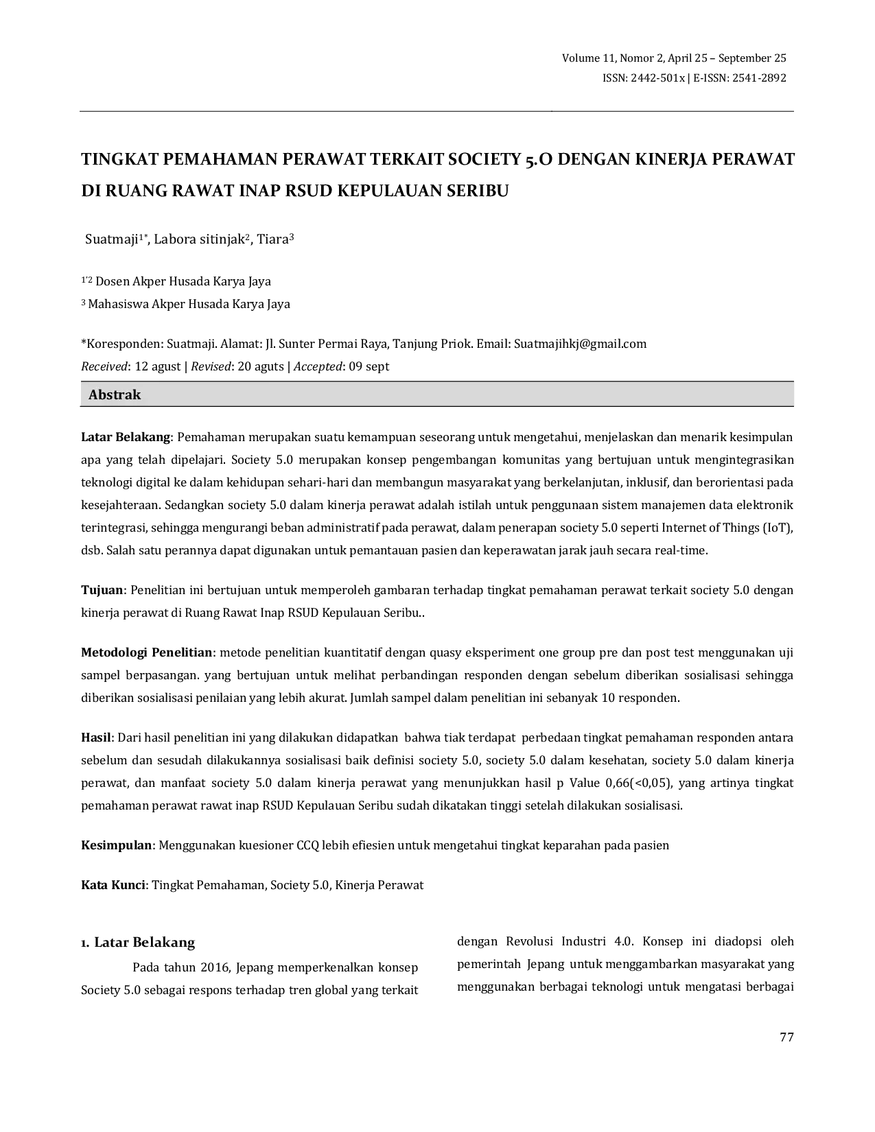 JURIS Tingkat Pemahaman Perawat Terkait Society 5 0 dengan Kinerja Perawat di Ruang Rawat Inap RSUD Kepulauan Seribu
