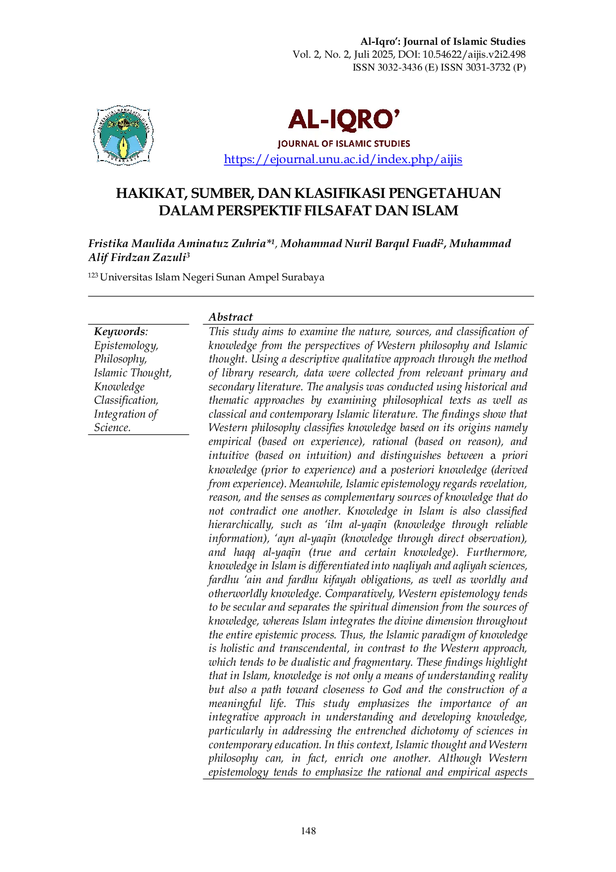 JURIS Hakikat Sumber dan Klasifikasi Pengetahuan dalam Perspektif Filsafat dan Islam