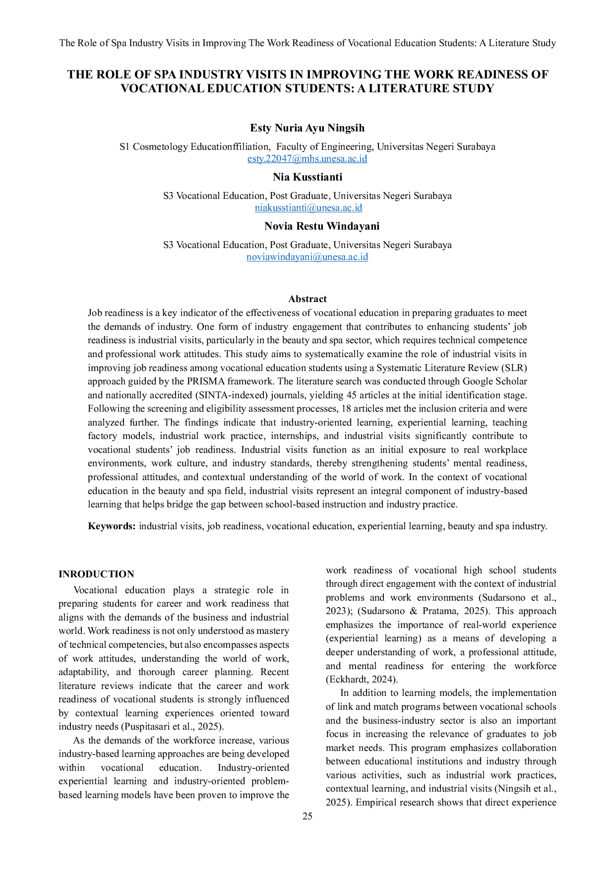 JURIS Peran Kunjungan Industri Spa dalam Meningkatkan Kesiapan Kerja Siswa Pendidikan Vokasi Sebuah Kajian Literatur