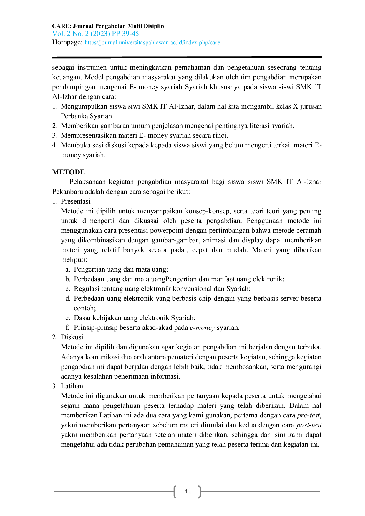 JURIS Peningkatan Literasi E Money Syariah Bagi Siswa SMK IT AL Izhar Pekanbaru