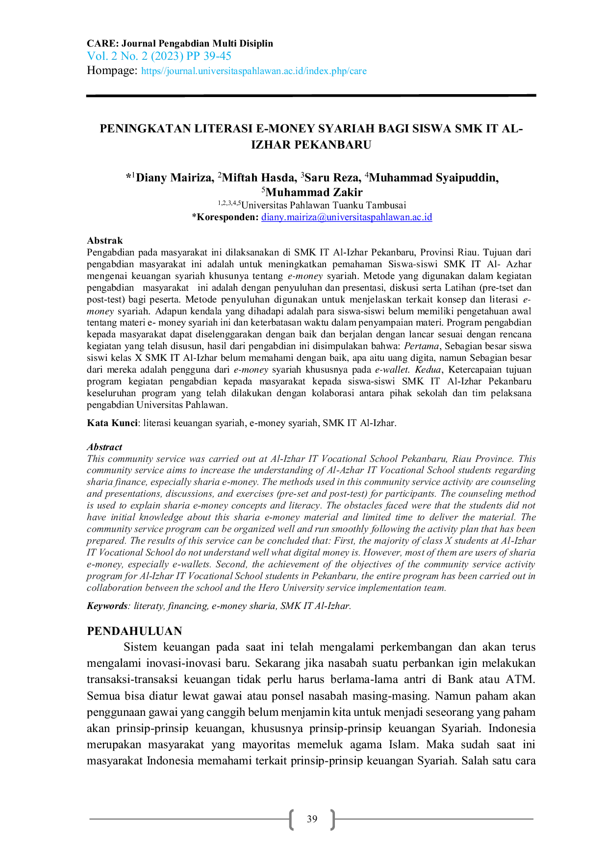 JURIS Peningkatan Literasi E Money Syariah Bagi Siswa SMK IT AL Izhar Pekanbaru