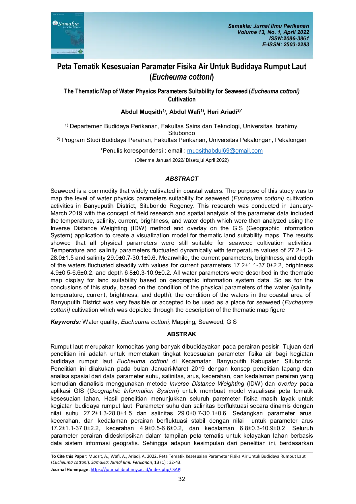 JURIS Peta Tematik Kesesuaian Paramater Fisika Air Untuk Budidaya Rumput Laut Eucheuma cottoni