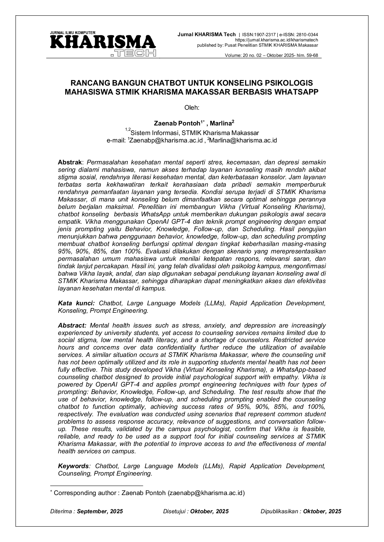 JURIS Rancang Bangun Chatbot Untuk Konseling Psikologis Mahasiswa STMIK Kharisma Makassar Berbasis WhatsApp