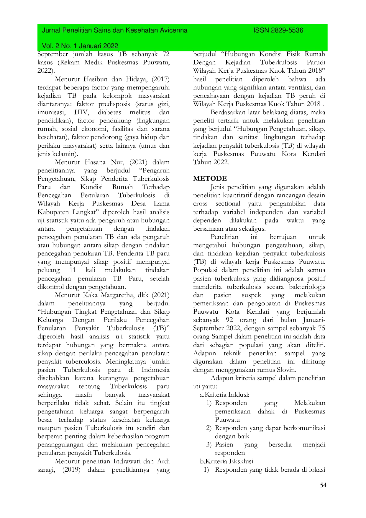 JURIS Hubungan Pengetahuan Sikap Tindakan dan Sanitasi Lingkungan Terhadap Kejadian Penyakit TB di Wilayah Kerja Puskesmas Puuwatu Kota Kendari Tahun 2022