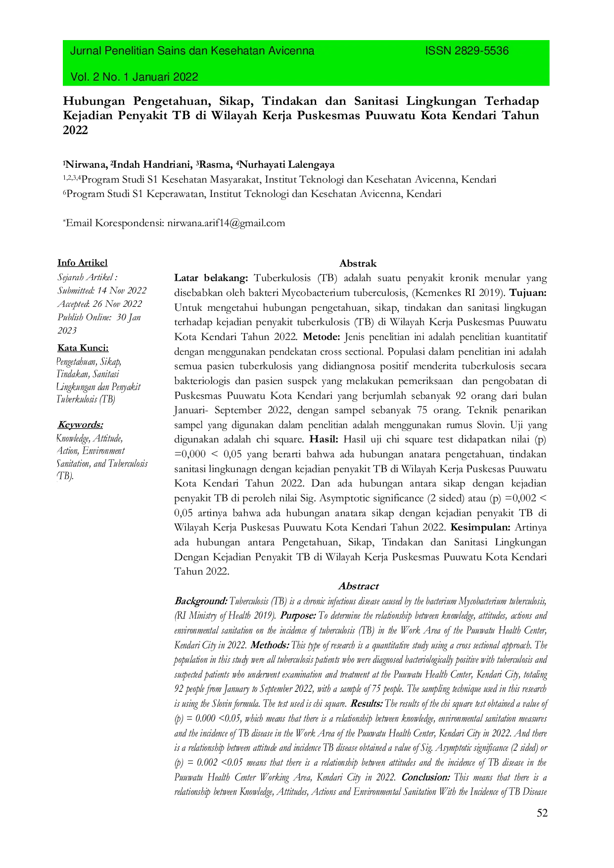 JURIS Hubungan Pengetahuan Sikap Tindakan dan Sanitasi Lingkungan Terhadap Kejadian Penyakit TB di Wilayah Kerja Puskesmas Puuwatu Kota Kendari Tahun 2022
