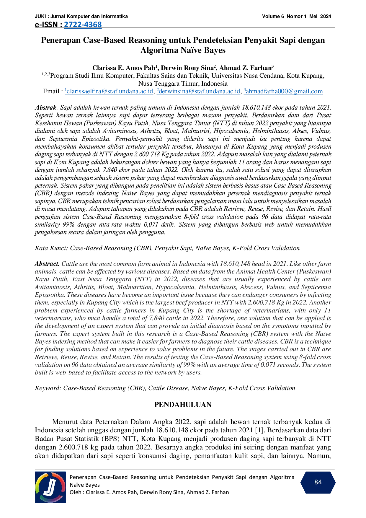 JURIS Penerapan Case Based Reasoning Untuk Pendeteksian Penyakit Sapi Dengan Algoritma Na ve Bayes