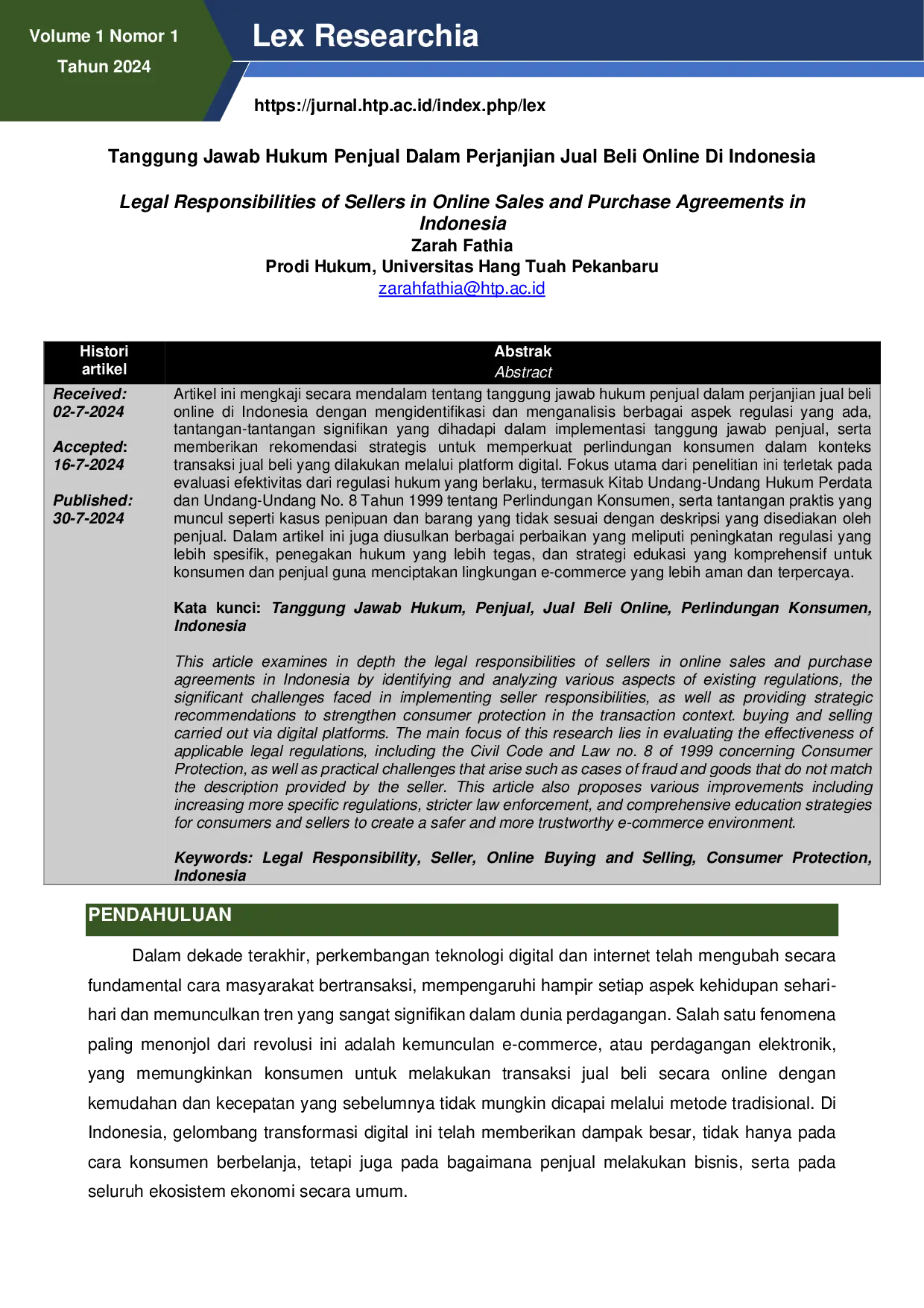 JURIS Legal Responsibilities of Sellers in Online Sales and Purchase Agreements in Indonesia Tanggung Jawab Hukum Penjual Dalam Perjanjian Jual Beli Online Di Indonesia