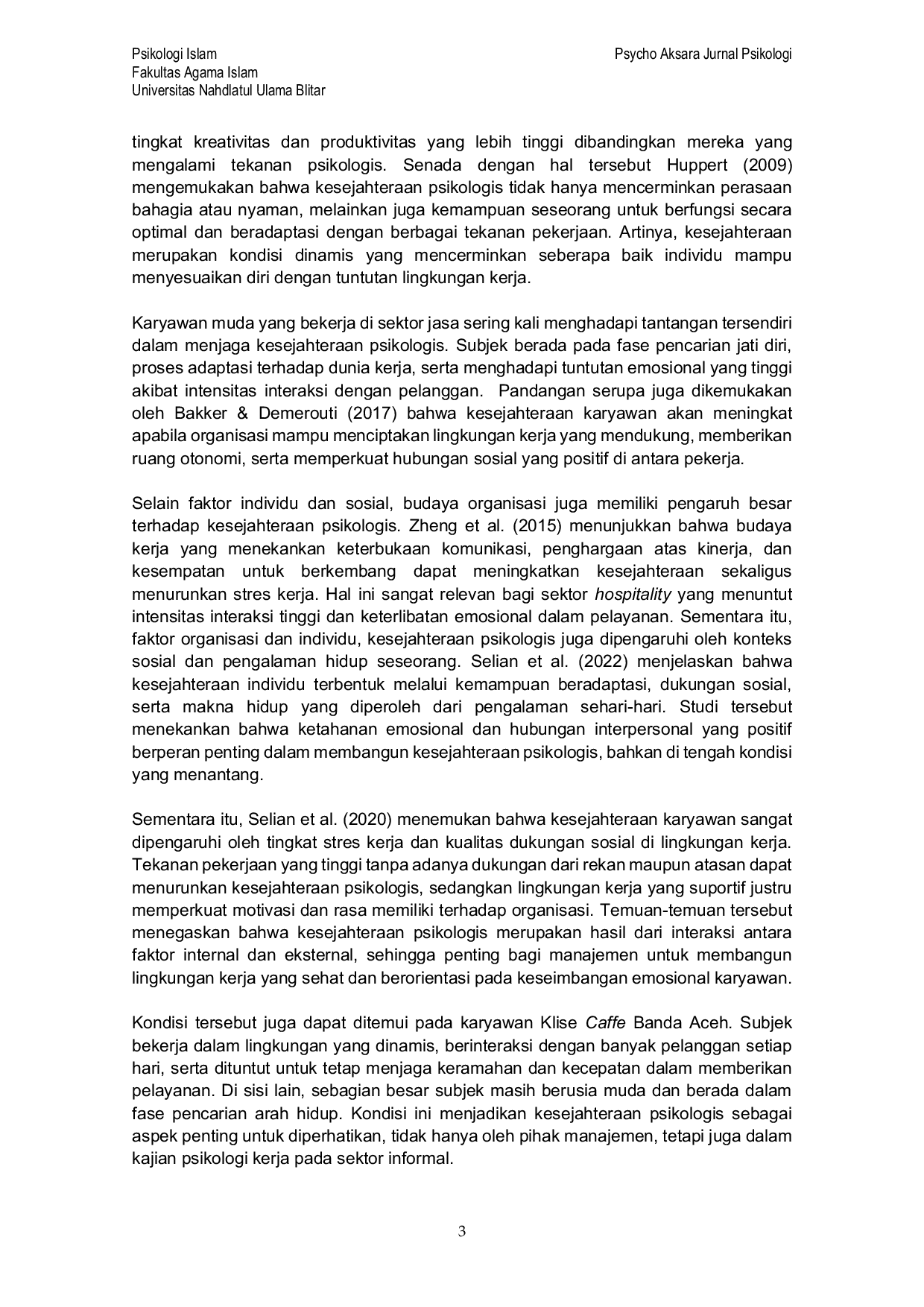 JURIS Persepsi Karyawan Terhadap Kesejahteraan Psikologi Psychological Well Being di Lingkungan Kerja