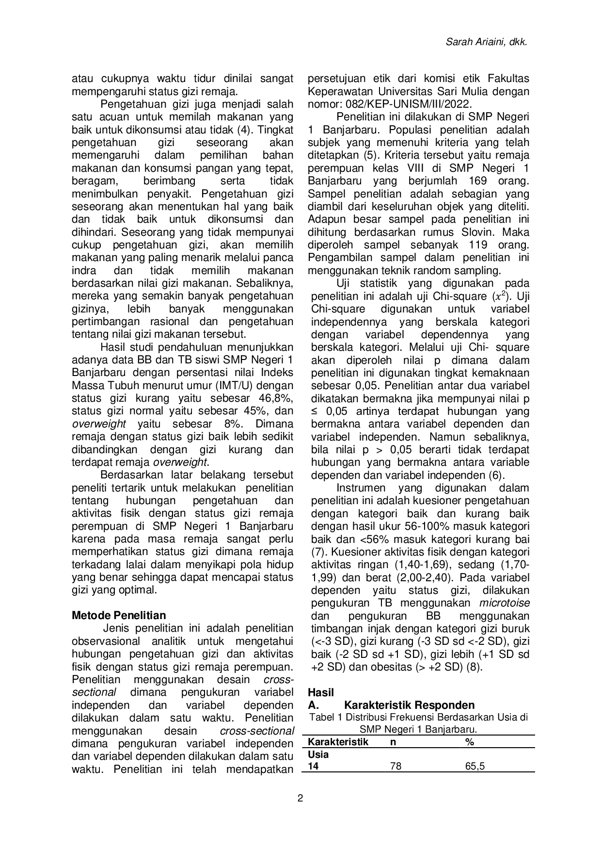 JURIS Hubungan Pengetahuan Gizi dan Aktivitas Fisik dengan Status Gizi Remaja Perempuan di SMP Negeri 1 Banjarbaru