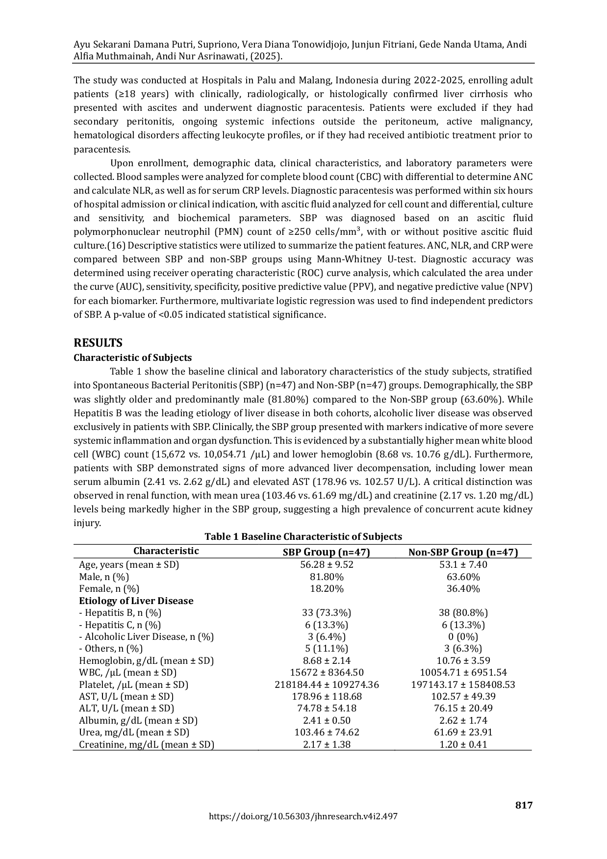 JURIS Evaluation of C Reactive Protein Neutrophil To Lymphocyte Ratio and Absolute Neutrophil Count as Simple Diagnostic Markers for Spontaneous Bacterial Peritonitis