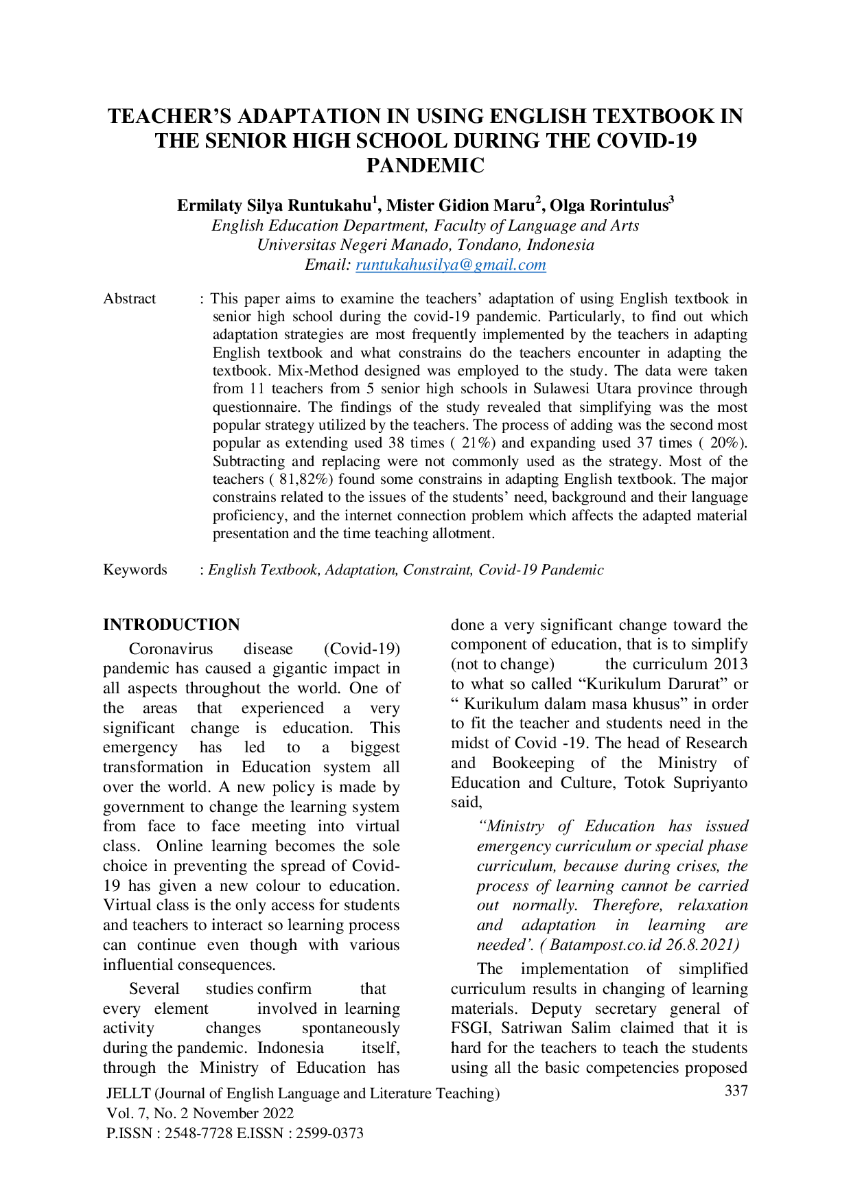 JURIS TEACHER S ADAPTATION IN USING ENGLISH TEXTBOOK IN THE SENIOR HIGH SCHOOL DURING THE COVID 19 PANDEMIC