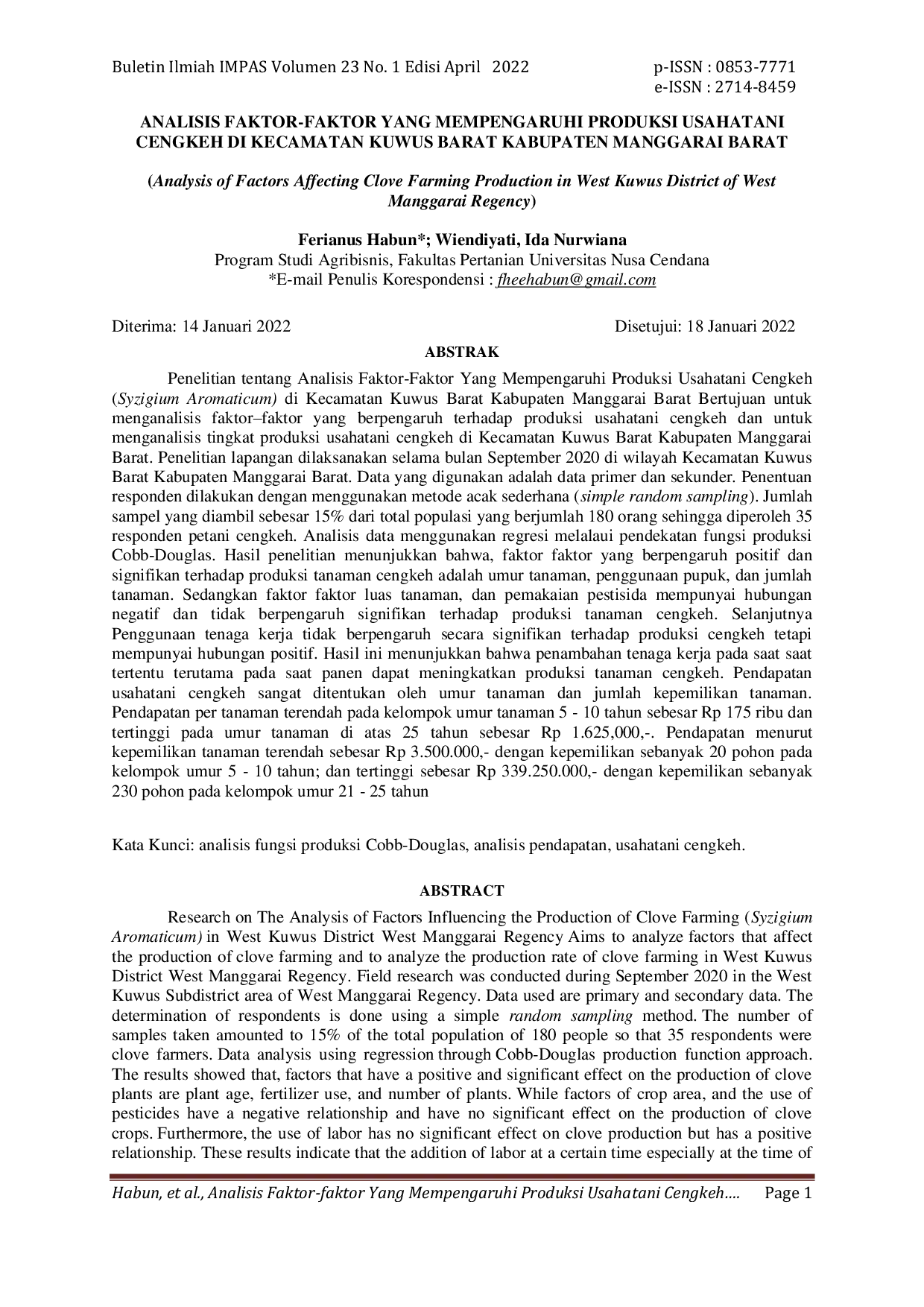 JURIS Analisis Faktor Faktor yang Mempengaruhi Produksi Usahatani Cengkeh di Kecamatan Kuwus Barat Kabupaten Manggarai Barat