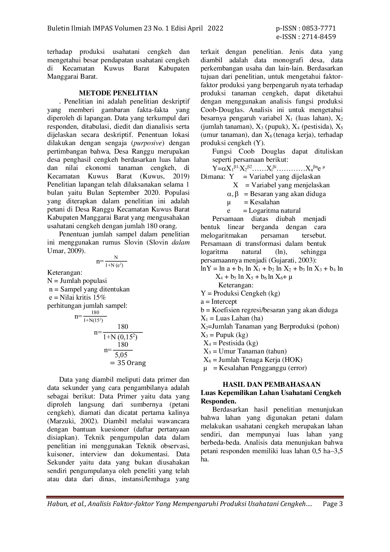 JURIS Analisis Faktor Faktor yang Mempengaruhi Produksi Usahatani Cengkeh di Kecamatan Kuwus Barat Kabupaten Manggarai Barat