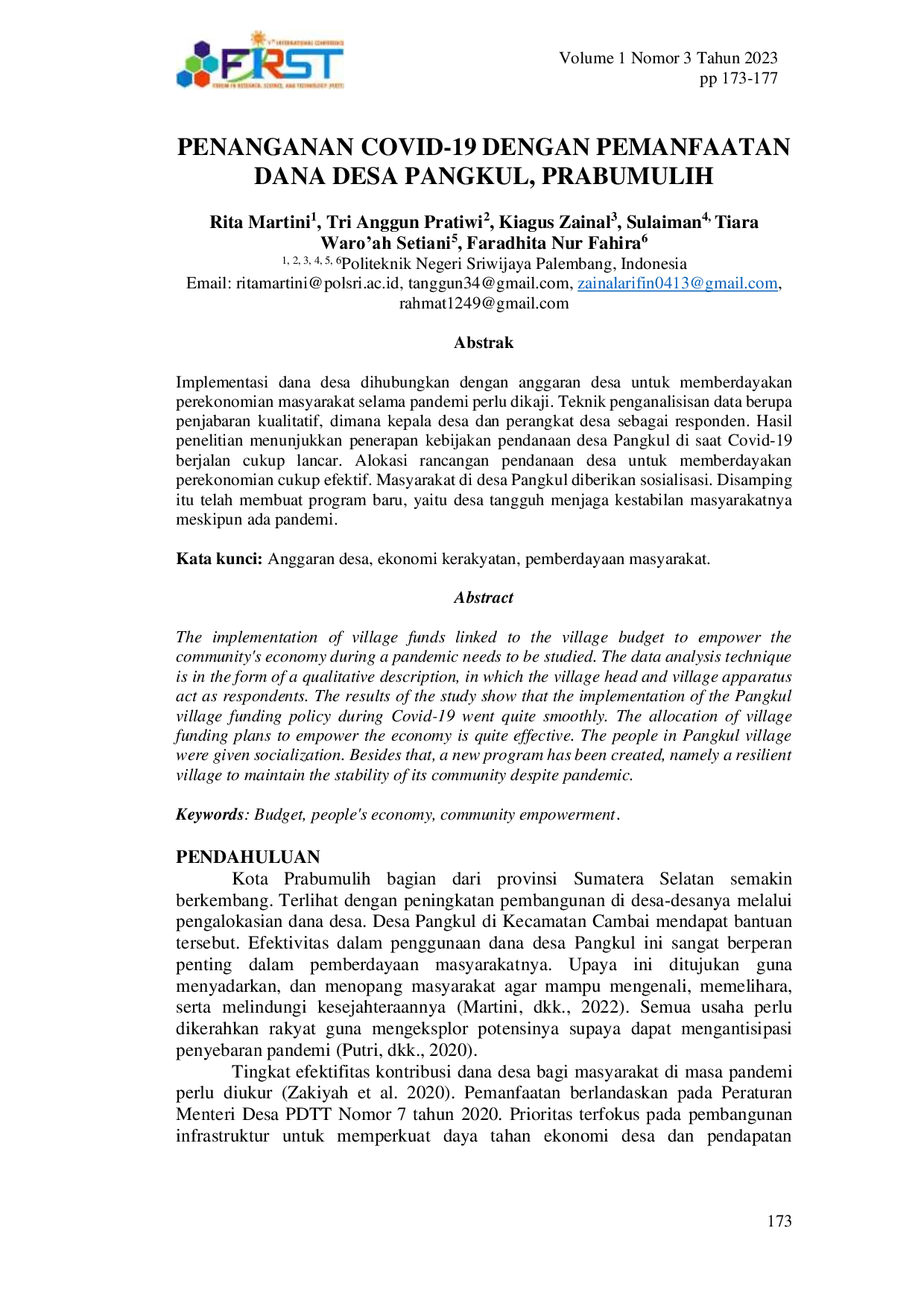 JURIS Penanganan Covid 19 Dengan Pemanfaatan Dana Desa Pangkul Prabumulih