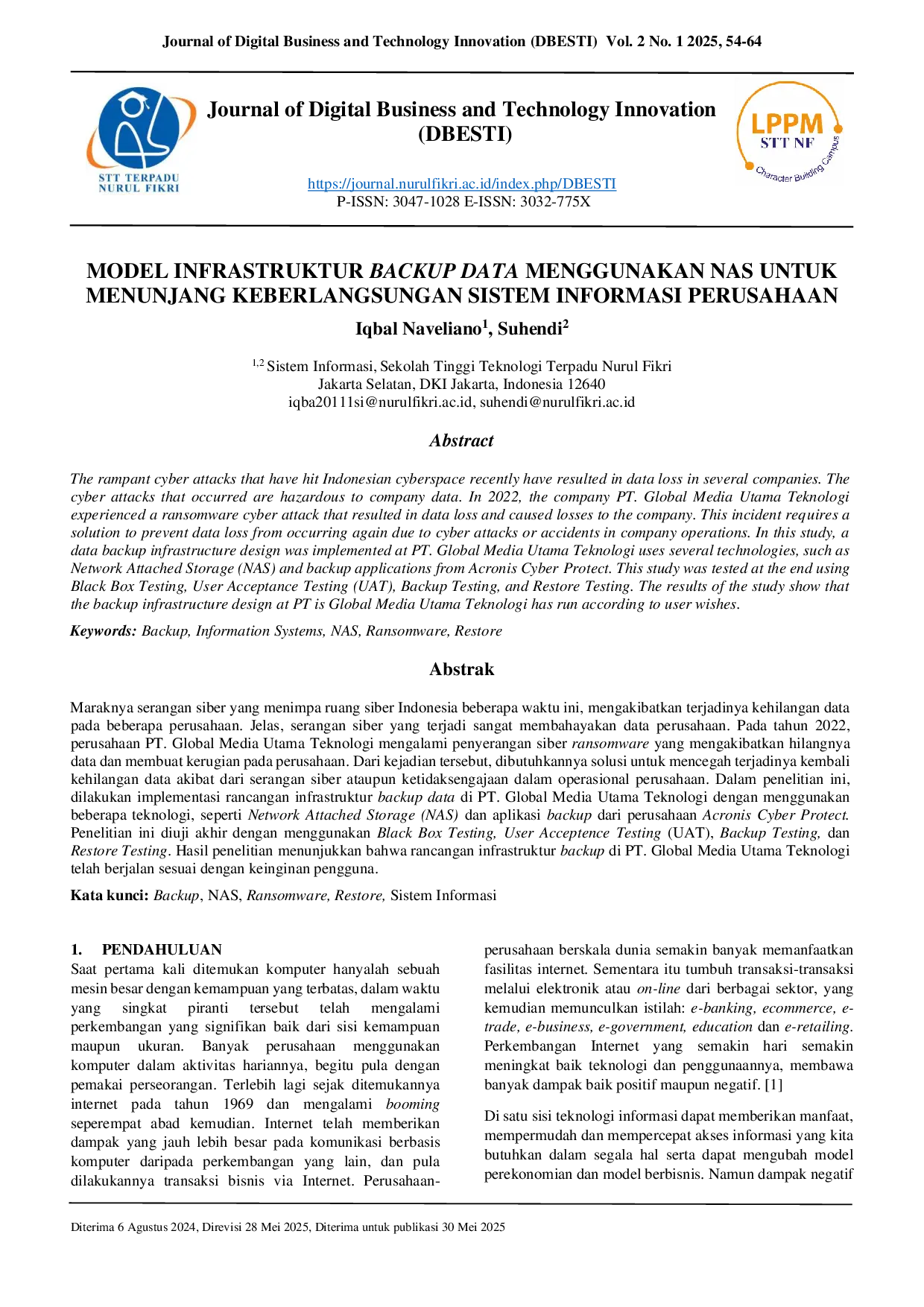 JURIS Data Backup Infrastructure Model Using NAS to Support the Sustainability of Corporate Information Systems