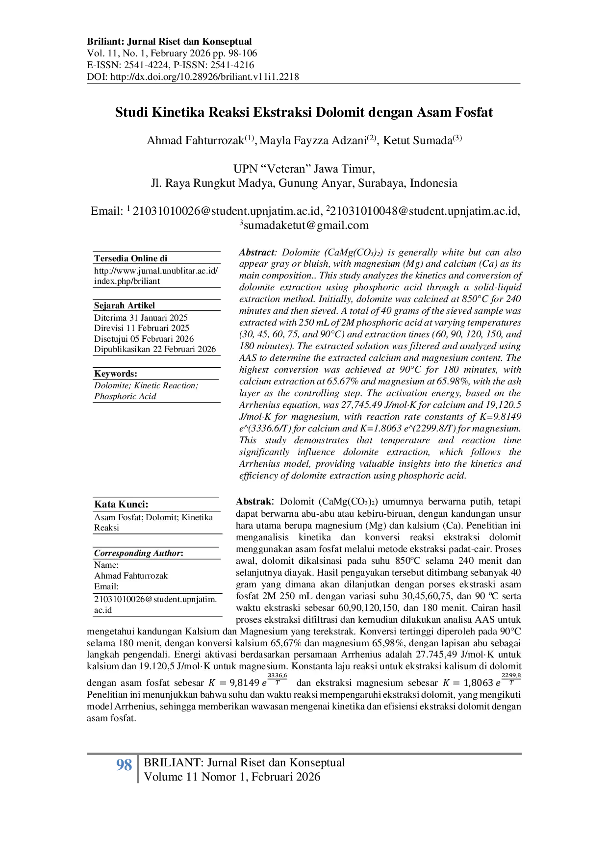 JURIS Studi Kinetika Reaksi Ekstraksi Dolomit dengan Asam Fosfat