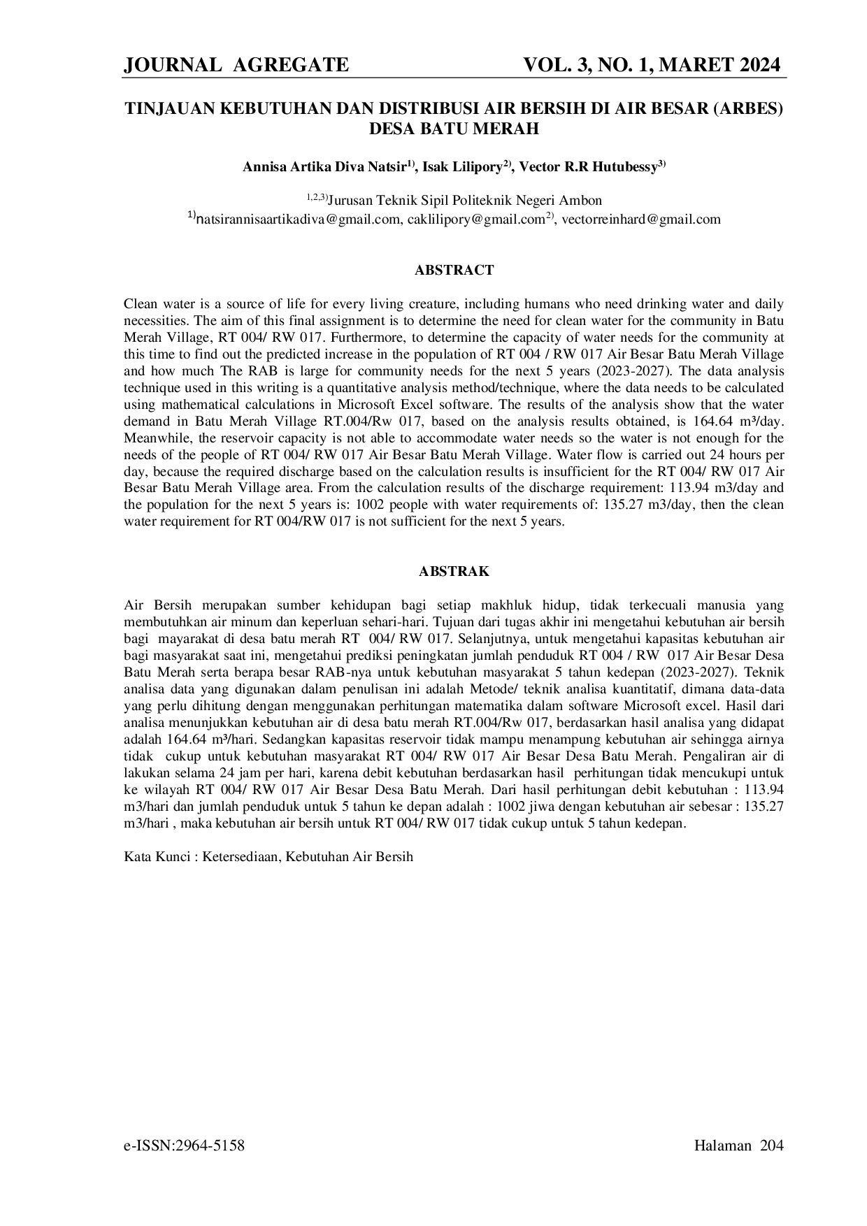 JURIS Tinjauan Kebutuhan Dan Distribusi Air Bersih Di Air Besar Arbes Desa Batu Merah