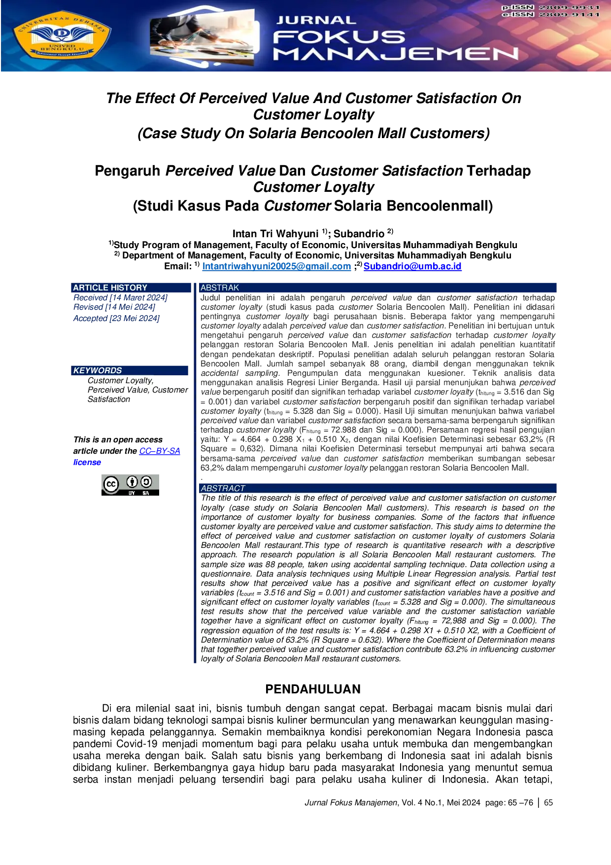 JURIS The Effect Of Perceived Value And Customer Satisfaction On Customer Loyalty Case Study On Solaria Bencoolen Mall Customers