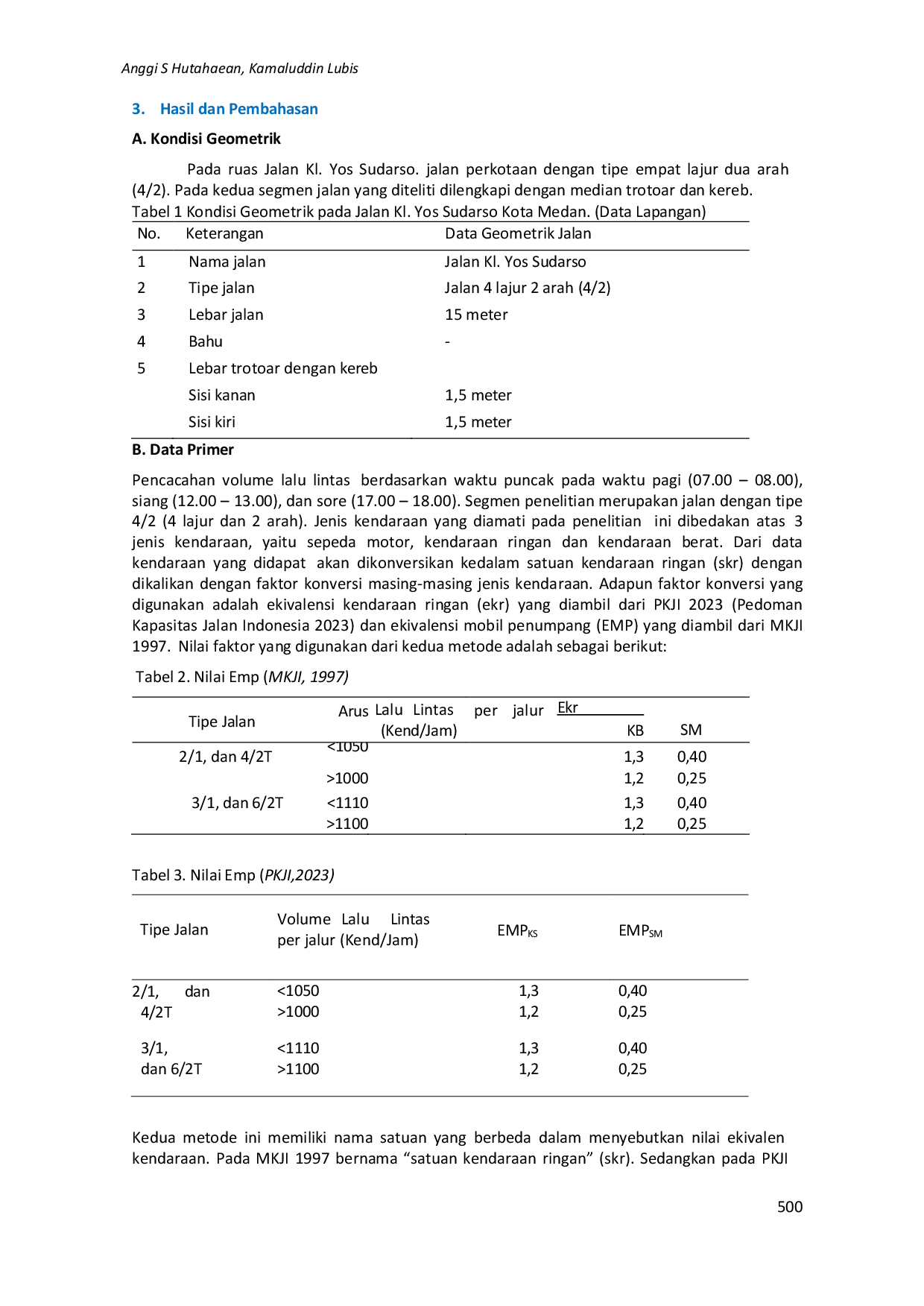JURIS Evaluasi Kapasitas Ruas Jalan Menggunakan Metode Mkji 1997 Dan PKJI 2023 Pada Jalan Kl Yos Sudarso Kota Medan