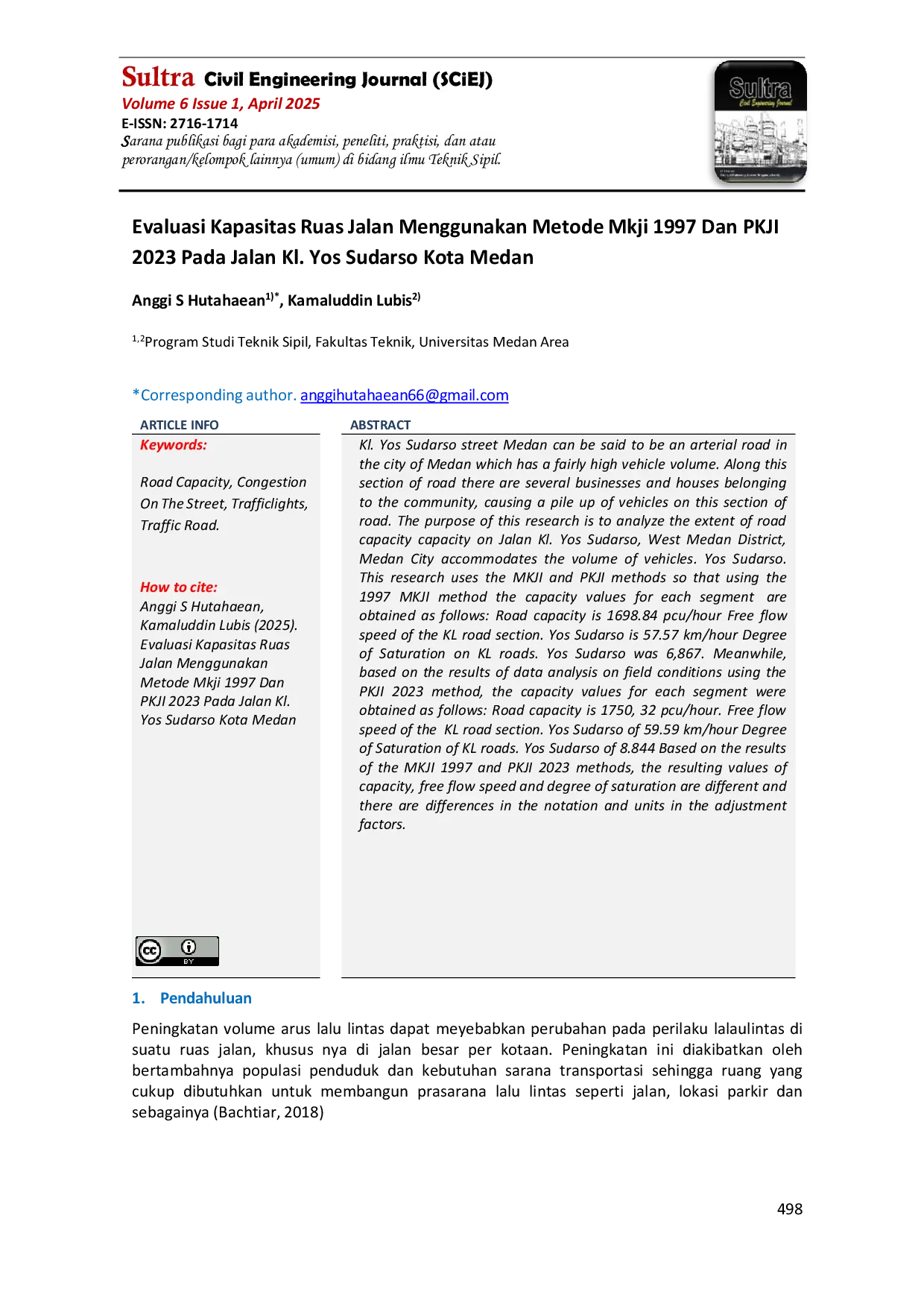 JURIS Evaluasi Kapasitas Ruas Jalan Menggunakan Metode Mkji 1997 Dan PKJI 2023 Pada Jalan Kl Yos Sudarso Kota Medan