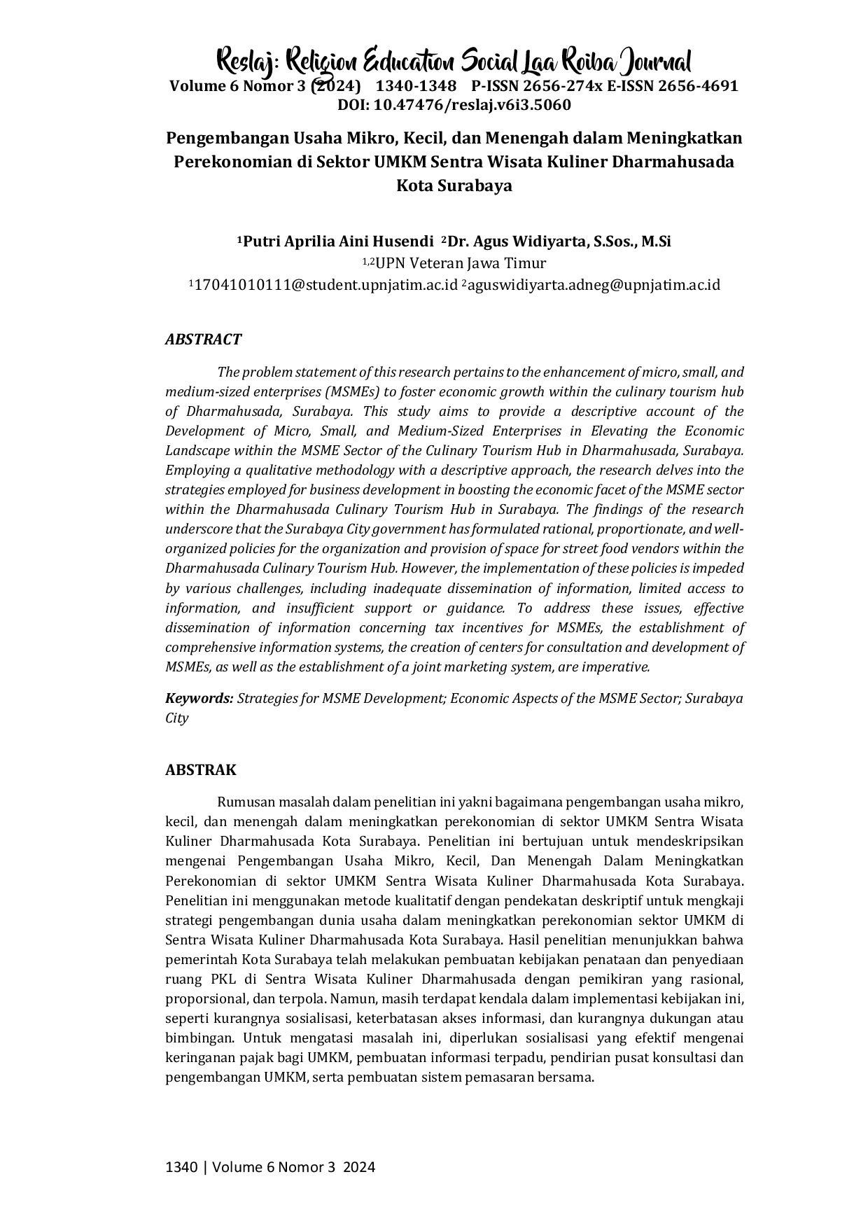 JURIS Pengembangan Usaha Mikro Kecil dan Menengah Dalam Meningkatkan Perekonomian di Sektor UMKM Sentra Wisata Kuliner Dharmahusada Kota Surabaya