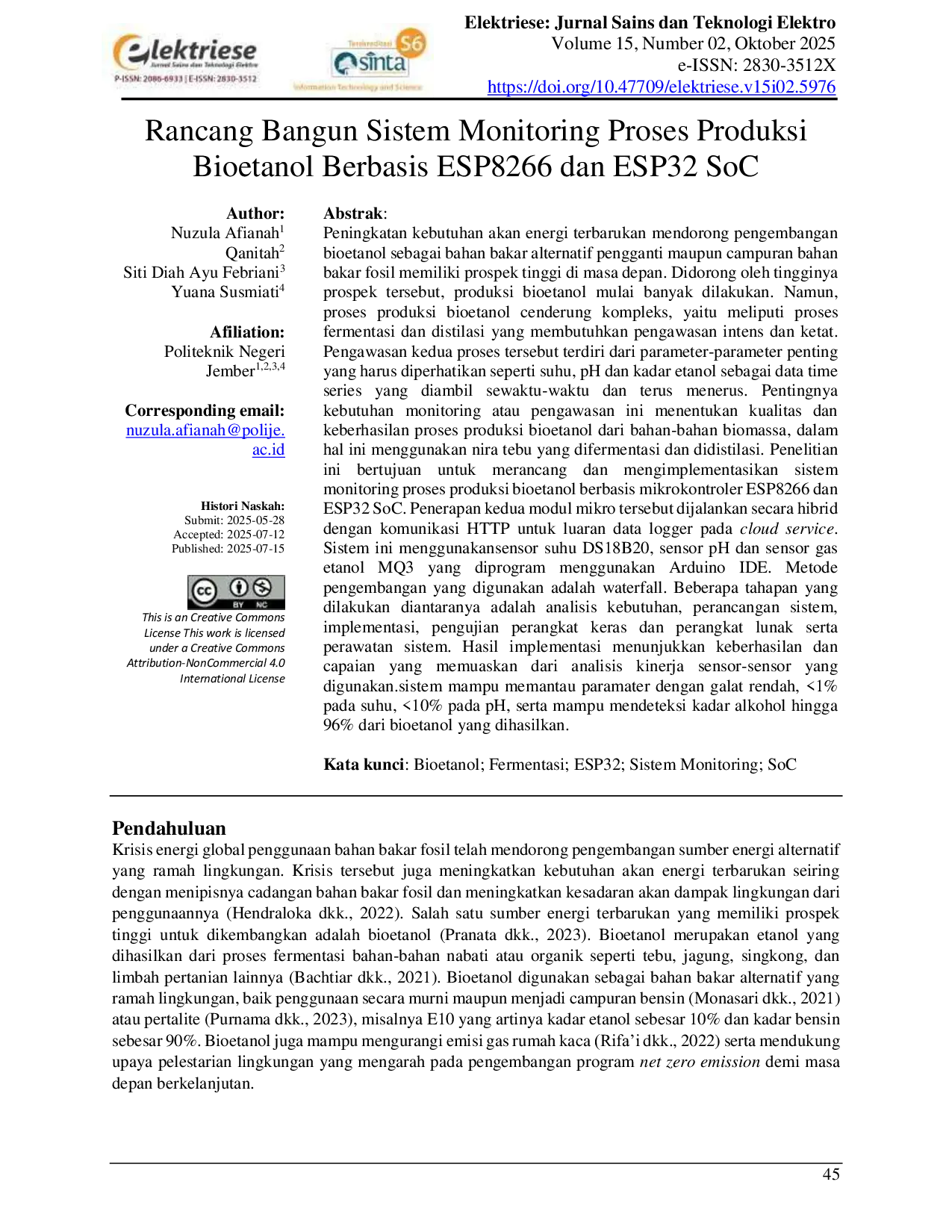 JURIS Rancang Bangun Sistem Monitoring Proses Produksi Bioetanol Berbasis ESP8266 dan ESP32 SoC Design and Construction of a Bioethanol Production Process Monitoring System Based on ESP8266 and ESP32 SoC