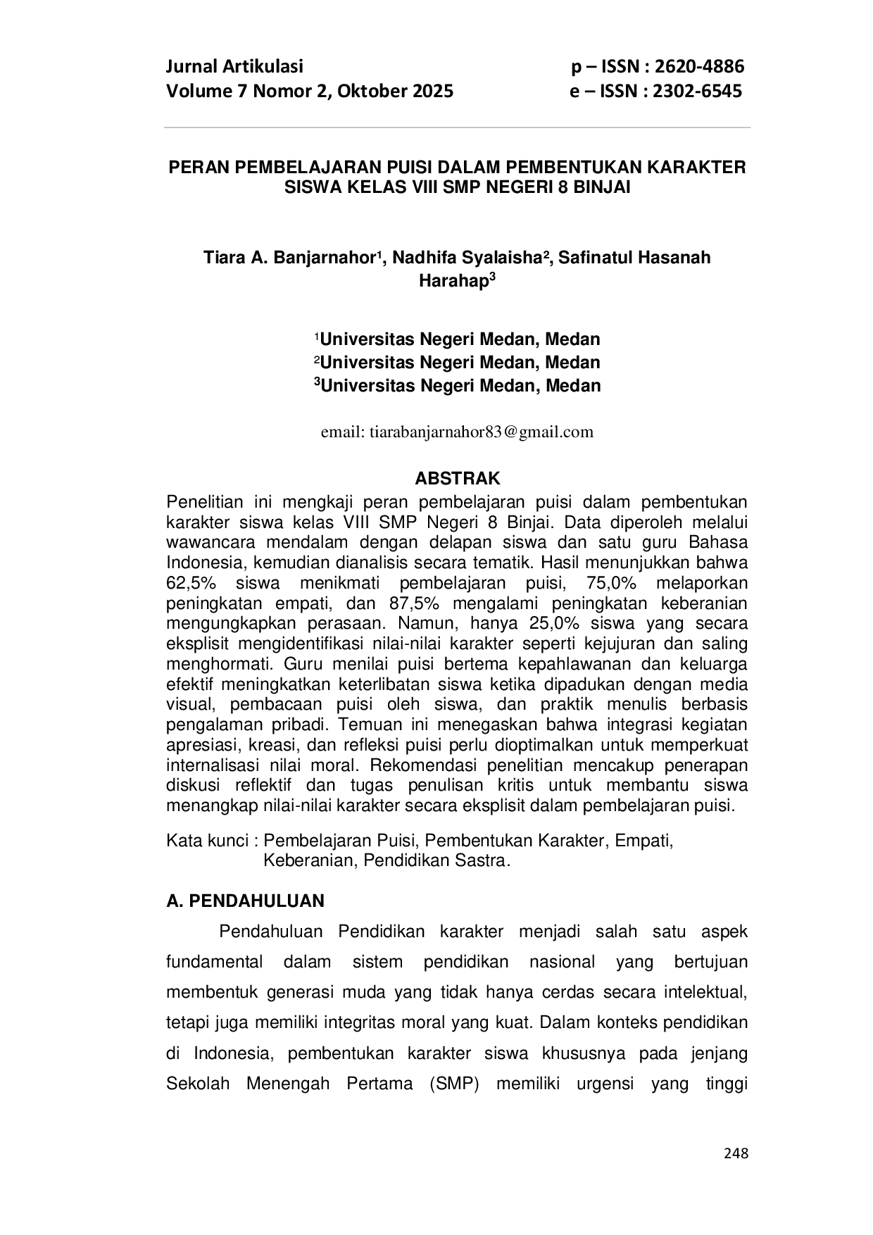 JURIS Peran Pembelajaran Puisi Dalam Pembentukan Karakter Siswa Kelas VIII SMP Negeri 8 Binjai