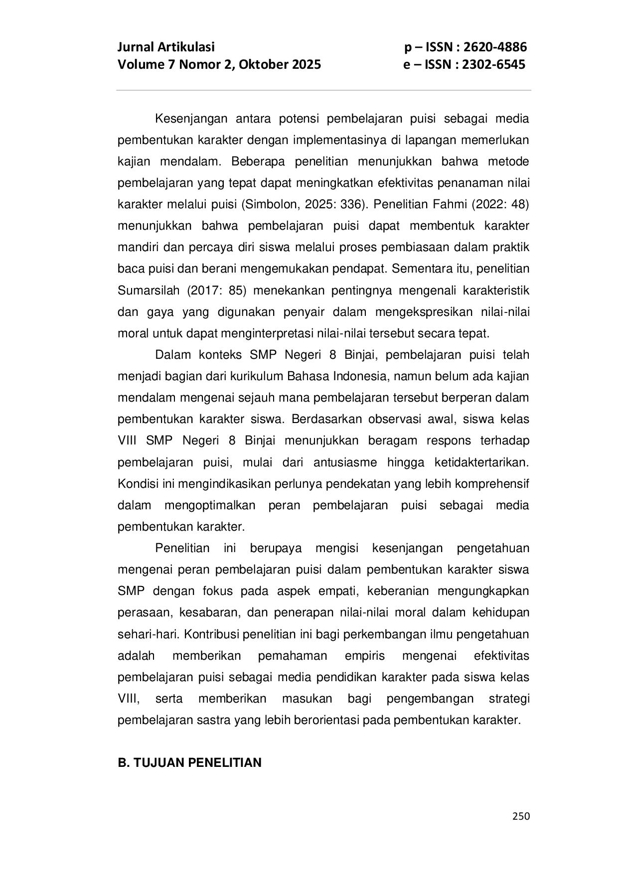 JURIS Peran Pembelajaran Puisi Dalam Pembentukan Karakter Siswa Kelas VIII SMP Negeri 8 Binjai