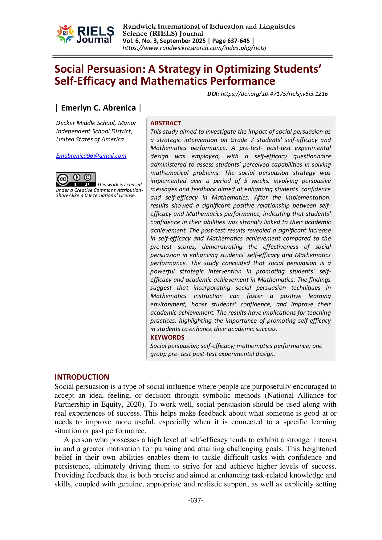 JURIS Social Persuasion A Strategy in Optimizing Students Self Efficacy and Mathematics Performance