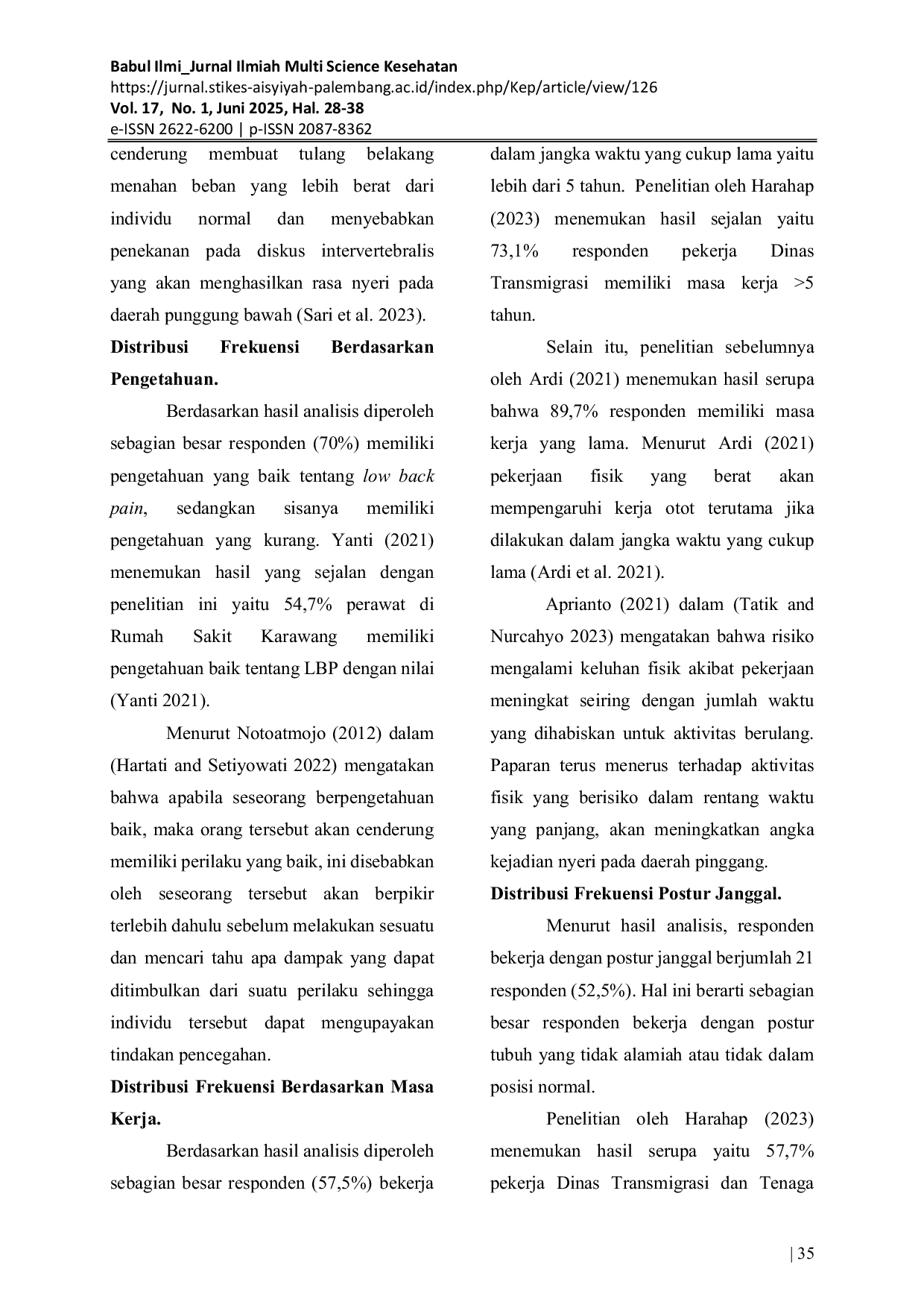 JURIS Analisis Faktor Risiko Low Back Pain Pada Pegawai Laboratorium Kesehatan Daerah