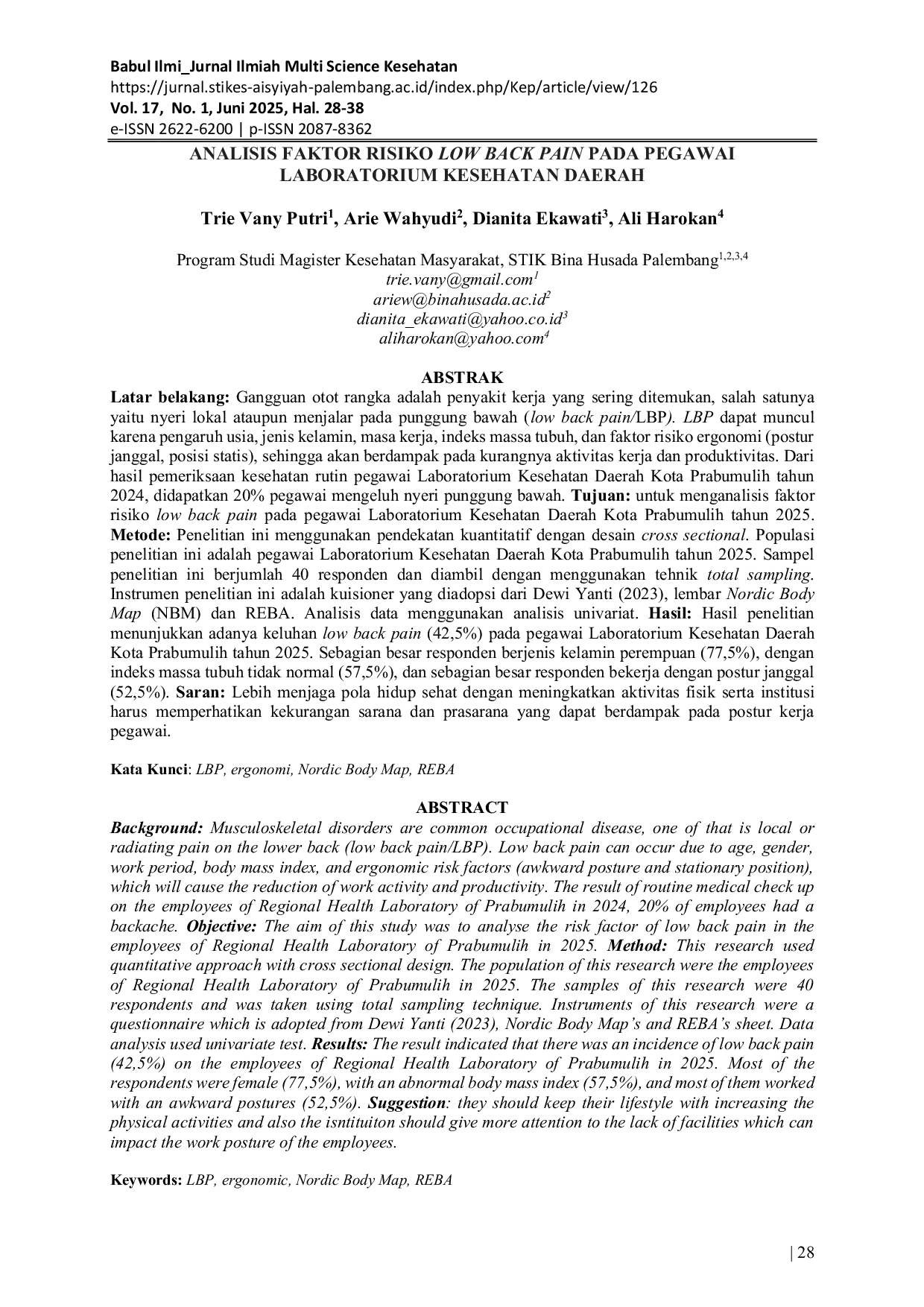 JURIS Analisis Faktor Risiko Low Back Pain Pada Pegawai Laboratorium Kesehatan Daerah
