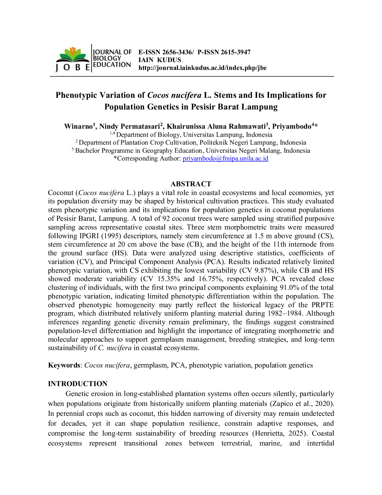 JURIS Phenotypic Variation of Cocos nucifera L Stems and Its Implications for Population Genetics in Pesisir Barat Lampung