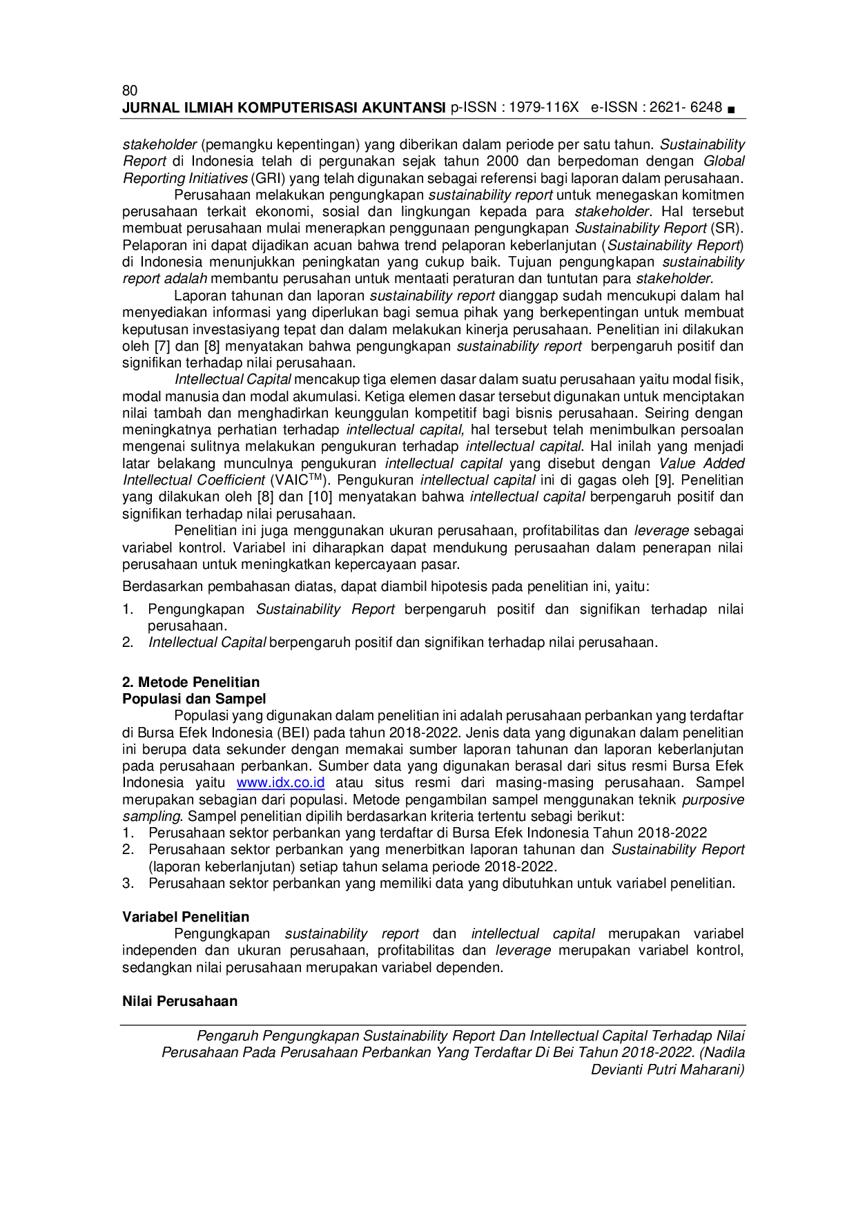 JURIS Pengaruh Pengungkapan Sustainability Report Dan Intellectual Capital Terhadap Nilai Perusahaan Pada Perusahaan Perbankan Yang Terdaftar Di Bei Tahun 2018 2022