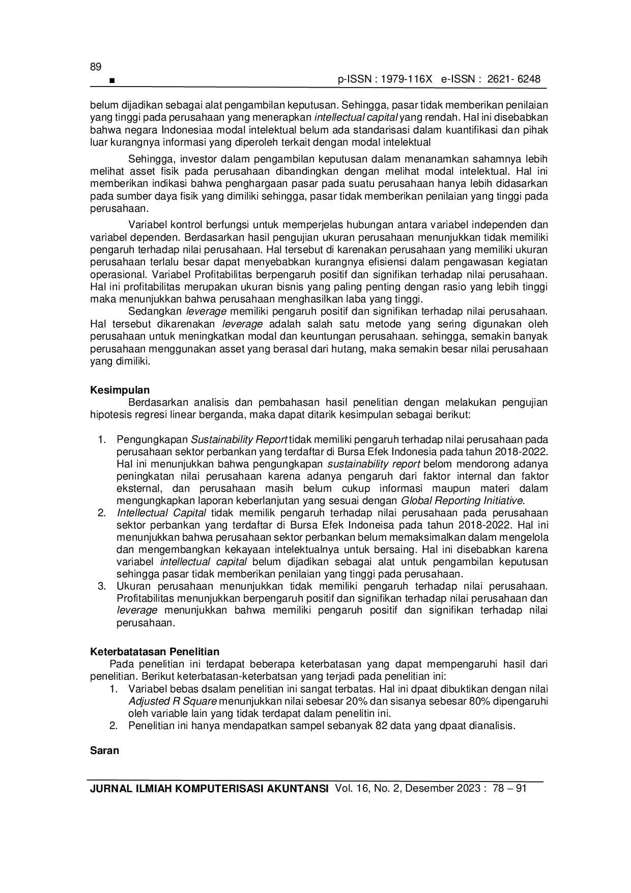 JURIS Pengaruh Pengungkapan Sustainability Report Dan Intellectual Capital Terhadap Nilai Perusahaan Pada Perusahaan Perbankan Yang Terdaftar Di Bei Tahun 2018 2022