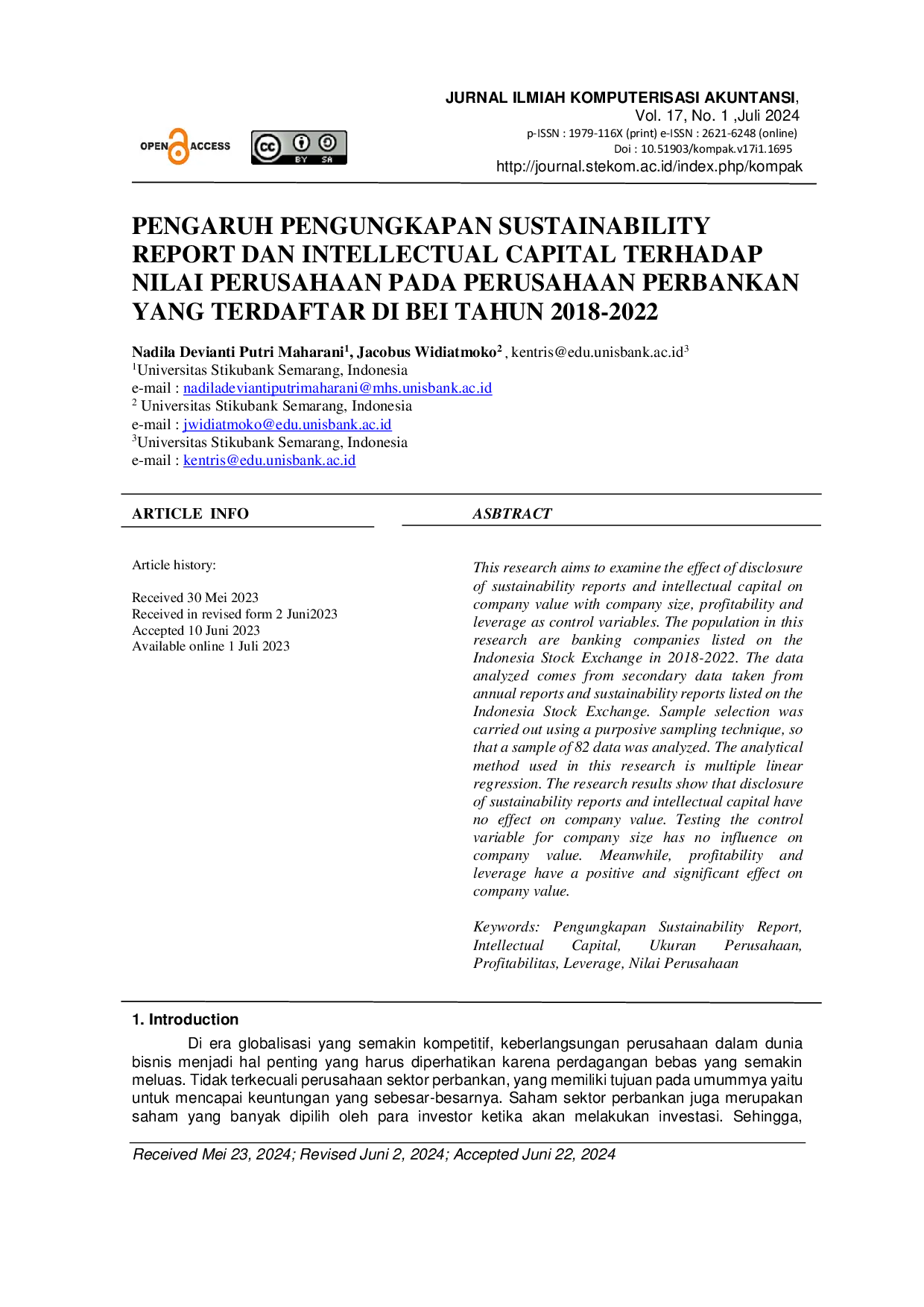 JURIS Pengaruh Pengungkapan Sustainability Report Dan Intellectual Capital Terhadap Nilai Perusahaan Pada Perusahaan Perbankan Yang Terdaftar Di Bei Tahun 2018 2022