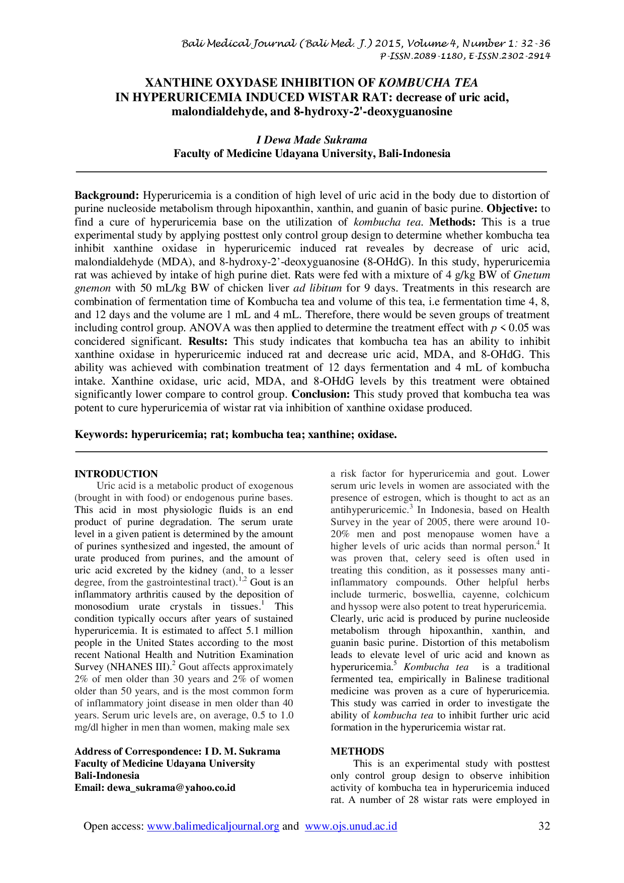 juris XANTHINE OXYDASE INHIBITION OF KOMBUCHA TEA IN HYPERURICEMIA INDUCED WISTAR RAT decrease of uric acid malondialdehyde and 8 hydroxy 2 deoxyguanosine