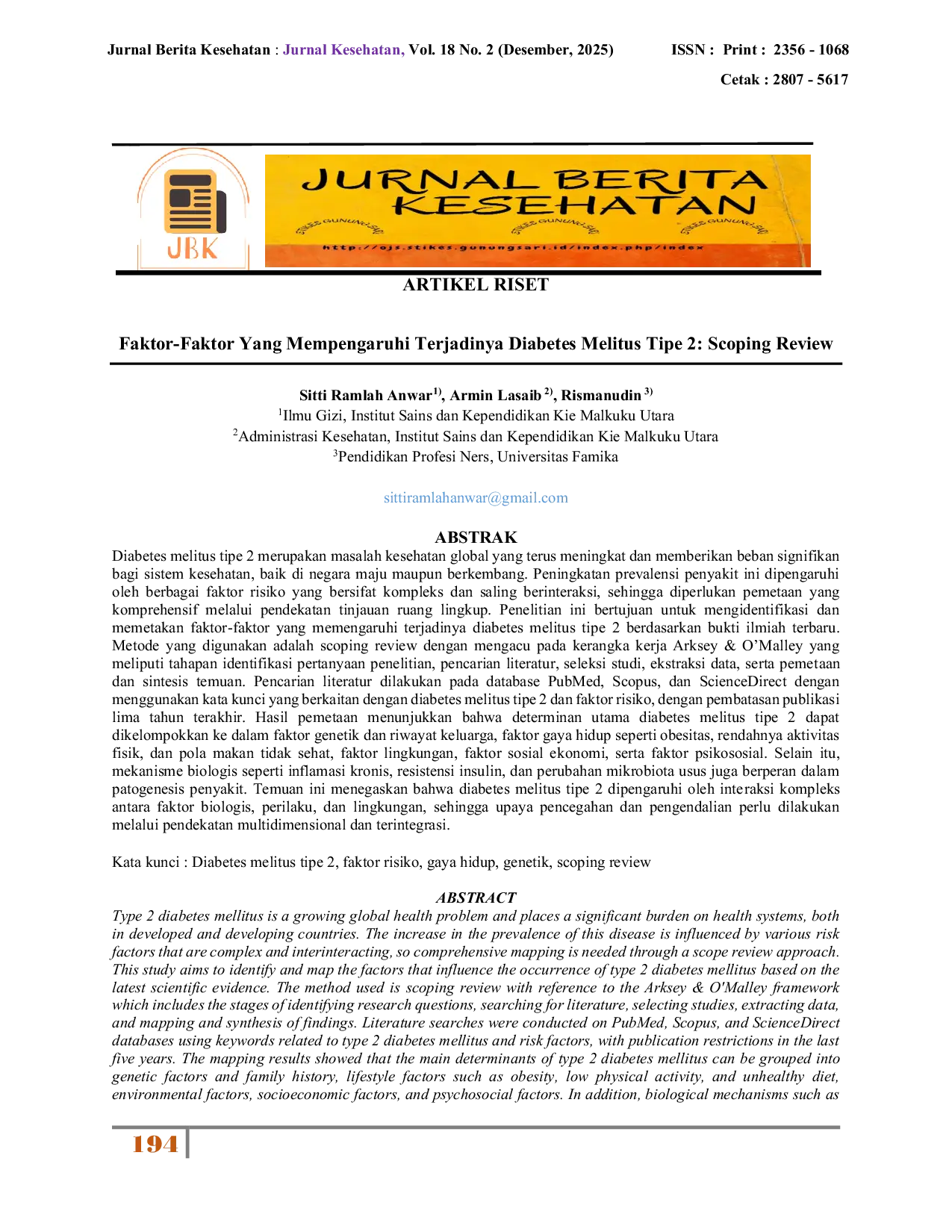 JURIS Faktor Faktor yang Mempengaruhi Terjadinya Diabetes Melitus Tipe 2 Scoping Review