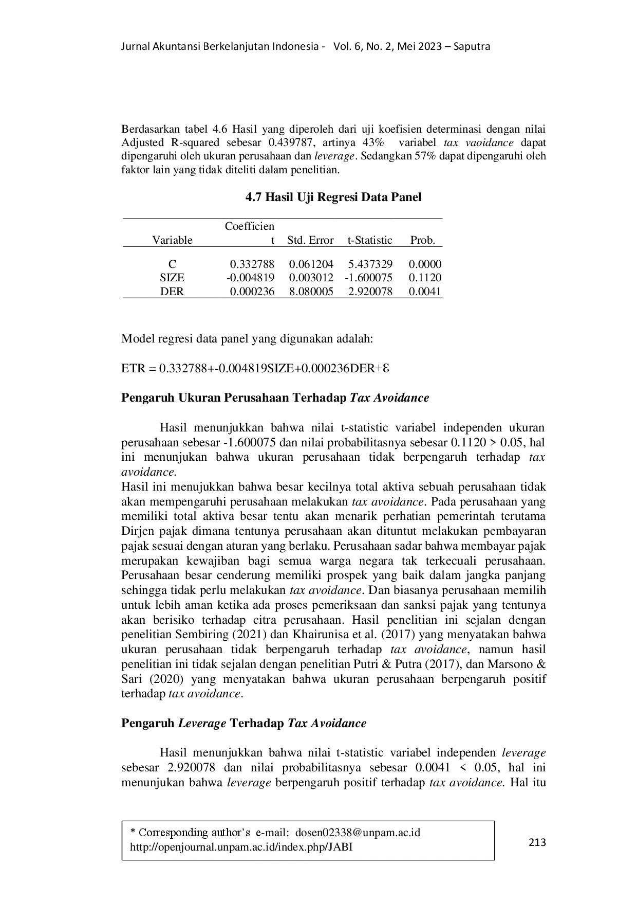 juris Pengaruh Ukuran Perusahaan dan Leverage terhadap Tax Avoidance