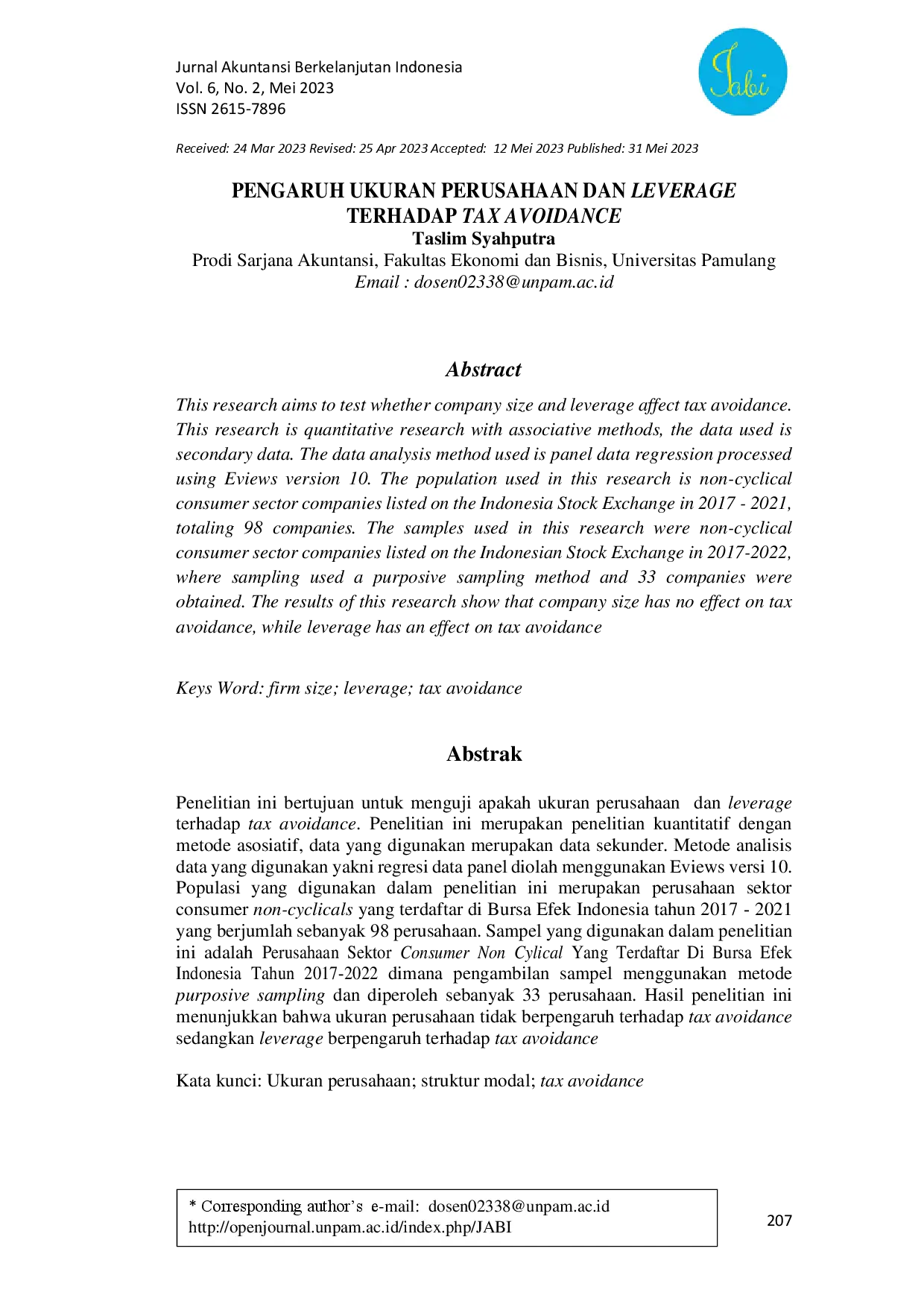 juris Pengaruh Ukuran Perusahaan dan Leverage terhadap Tax Avoidance