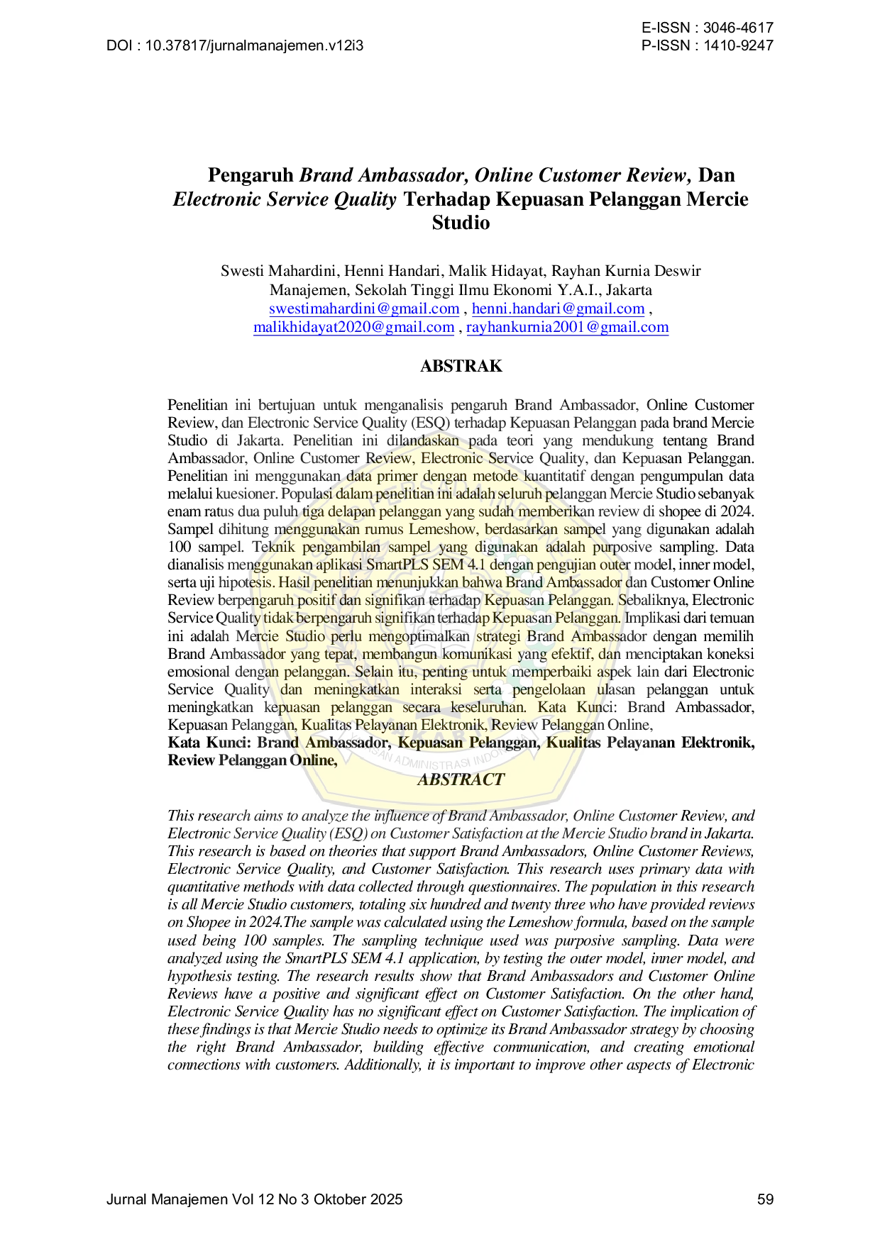 JURIS Pengaruh Brand Ambassador Online Customer Review Dan Electronic Service Quality Terhadap Kepuasan Pelanggan Mercie Studio