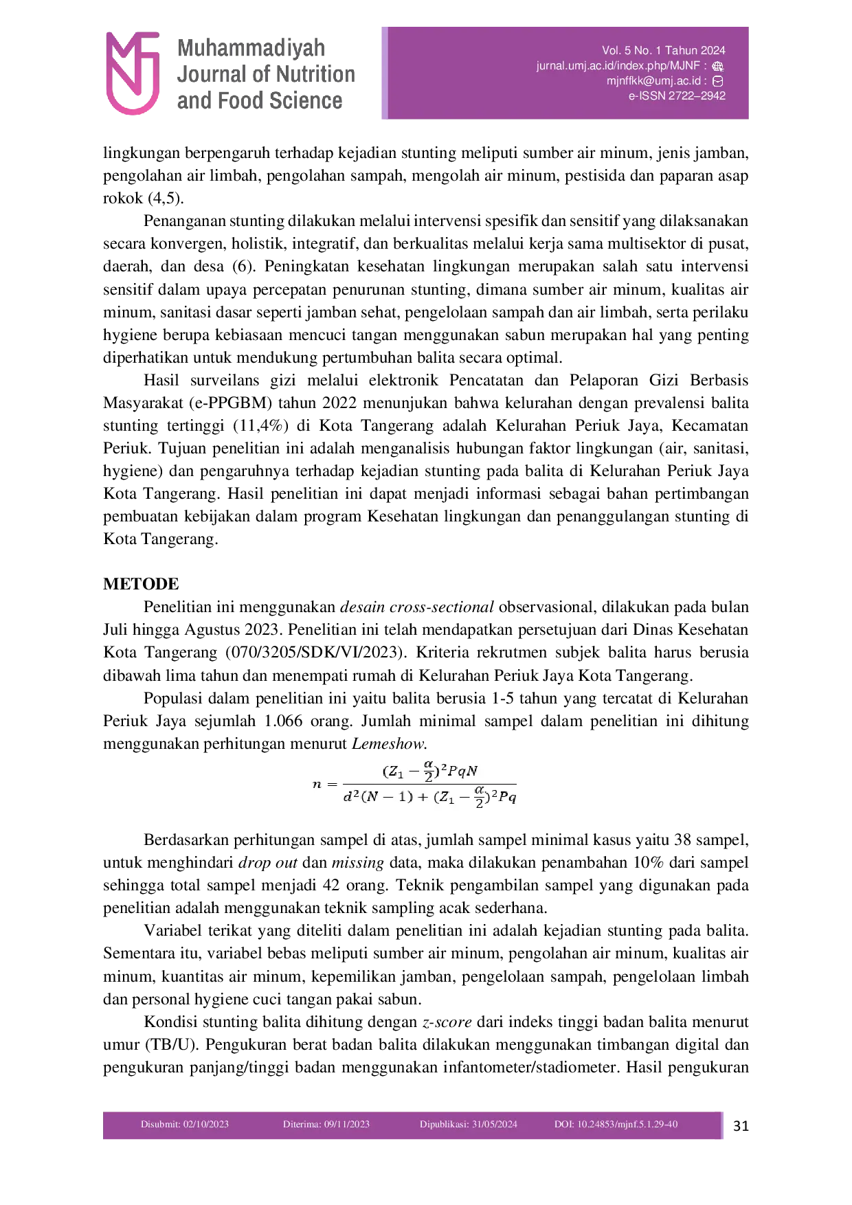 JURIS Faktor Risiko Lingkungan yang Berhubungan dengan Stunting pada Balita di Kelurahan Periuk Jaya Kota Tangerang