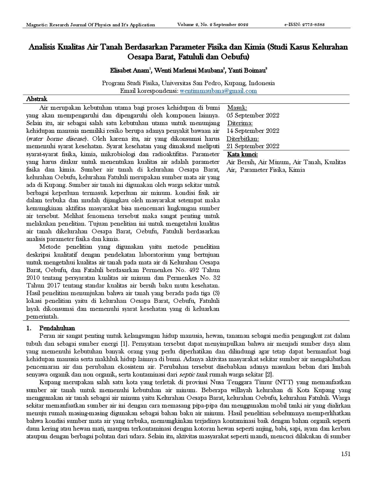 juris Analisis Kualitas Air Tanah Berdasarkan Parameter Fisika dan Kimia Studi Kasus Kelurahan Oesapa Barat Fatululi dan Oebufu
