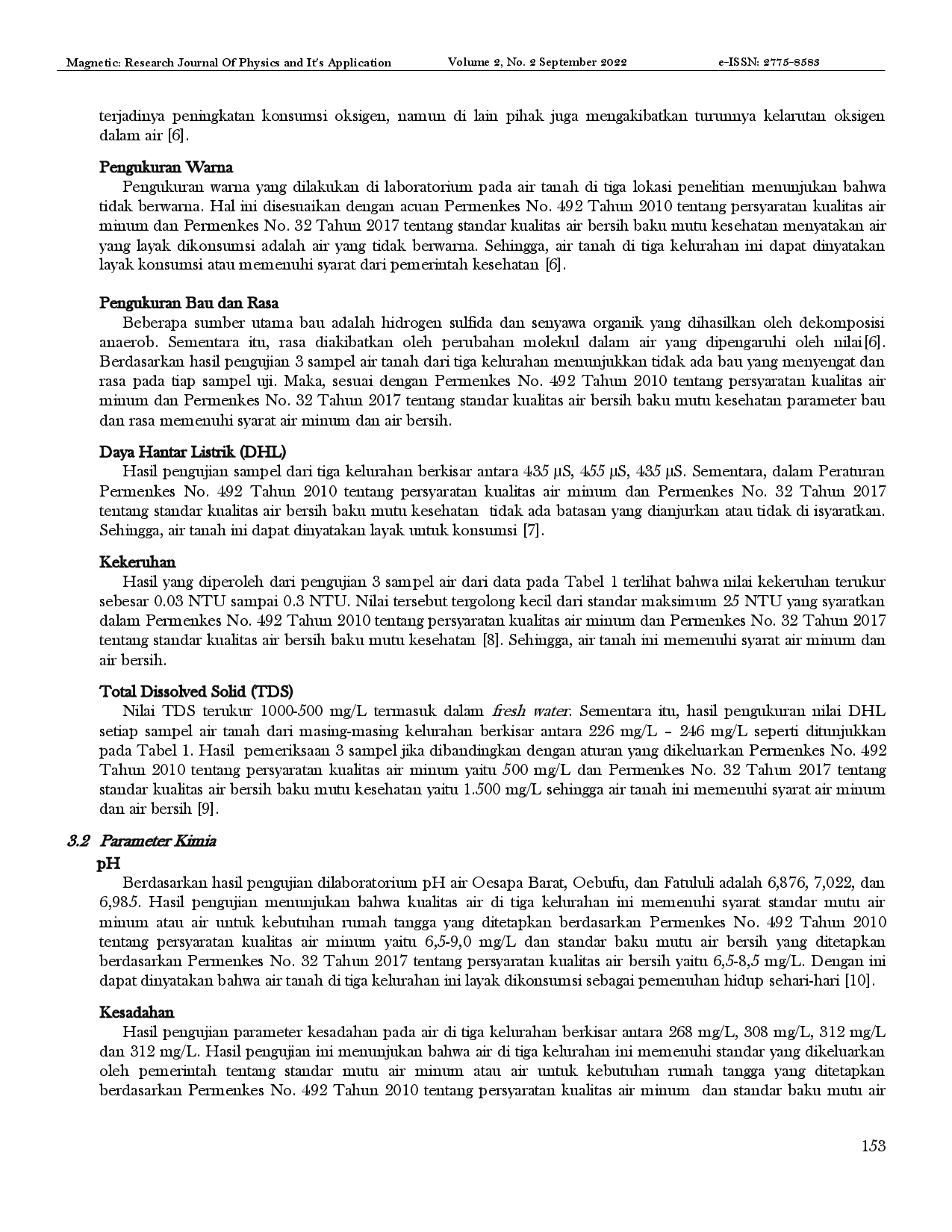 juris Analisis Kualitas Air Tanah Berdasarkan Parameter Fisika dan Kimia Studi Kasus Kelurahan Oesapa Barat Fatululi dan Oebufu