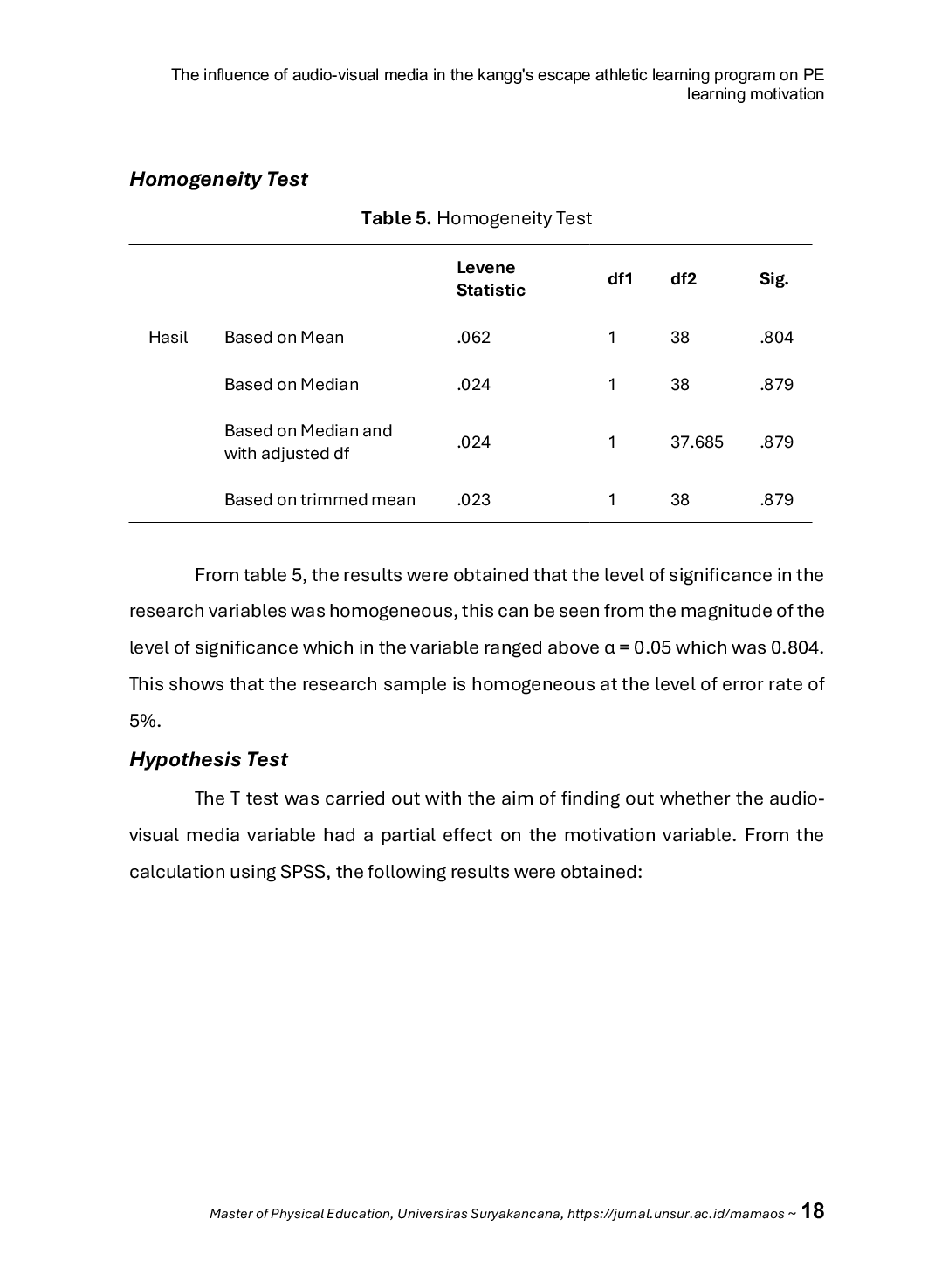 JURIS The influence of audio visual media in the kangg s escape athletic learning program on PE learning motivation