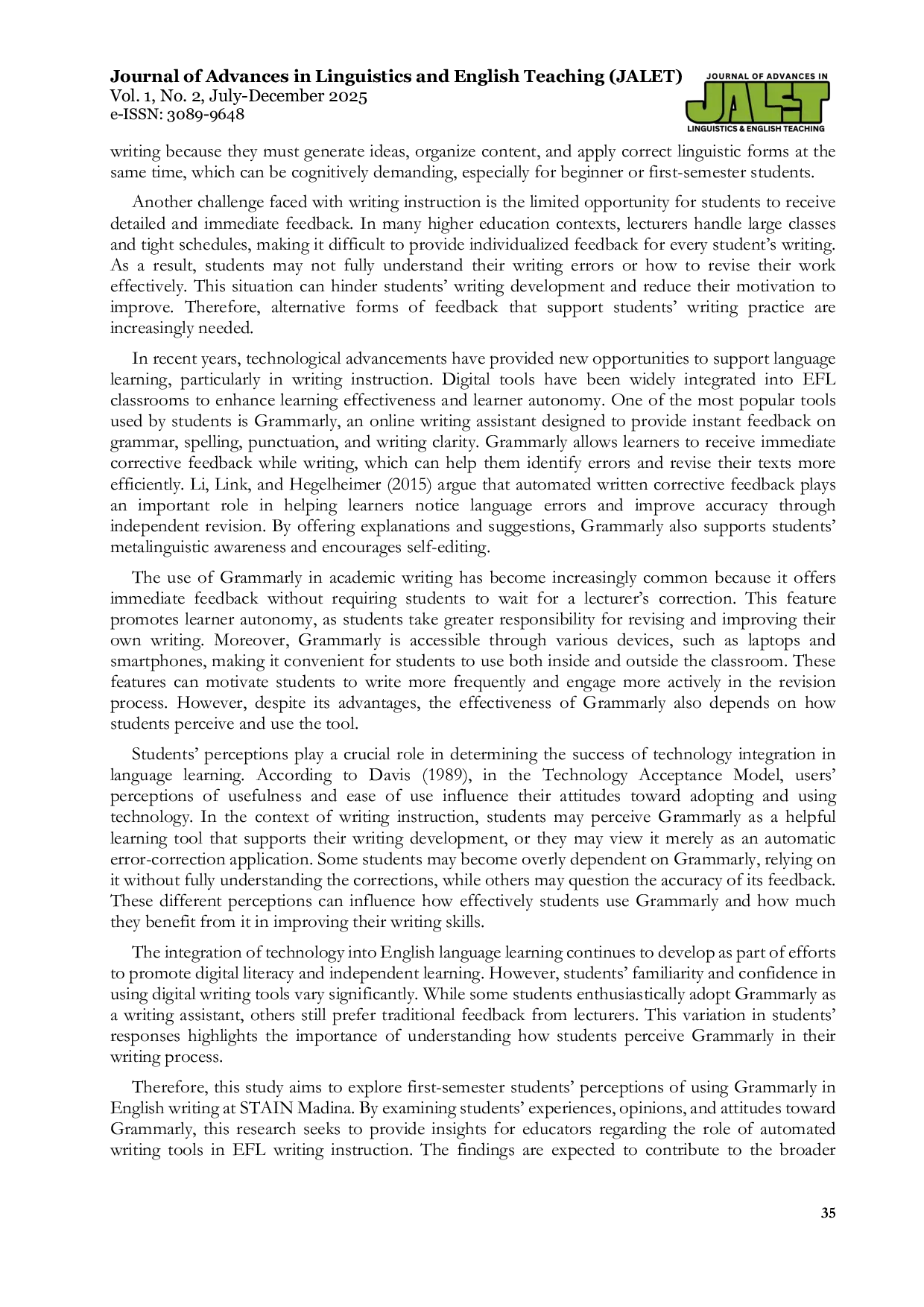 JURIS The Students Perceptions of Using Grammarly as a Learning Tool in Writing Skills