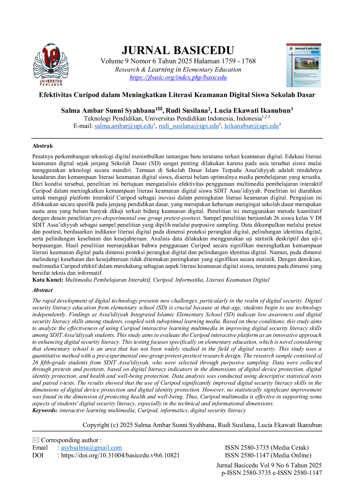 JURIS Efektivitas Curipod dalam Meningkatkan Literasi Keamanan Digital Siswa Sekolah Dasar